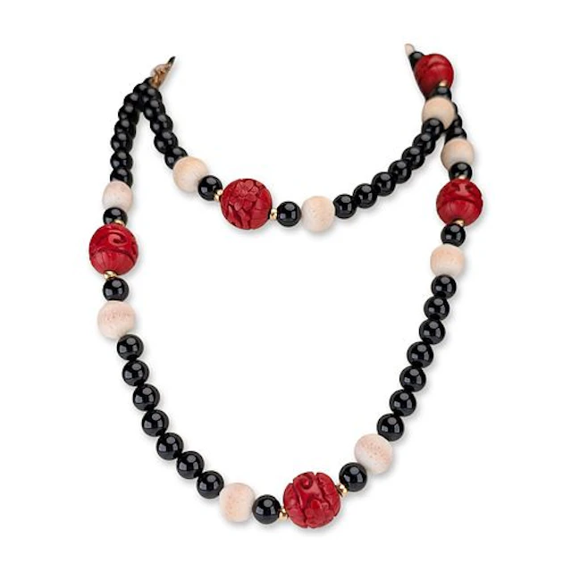 14K Gold Onyx Sponge Coral and Carved Cinnabar Bead Necklace