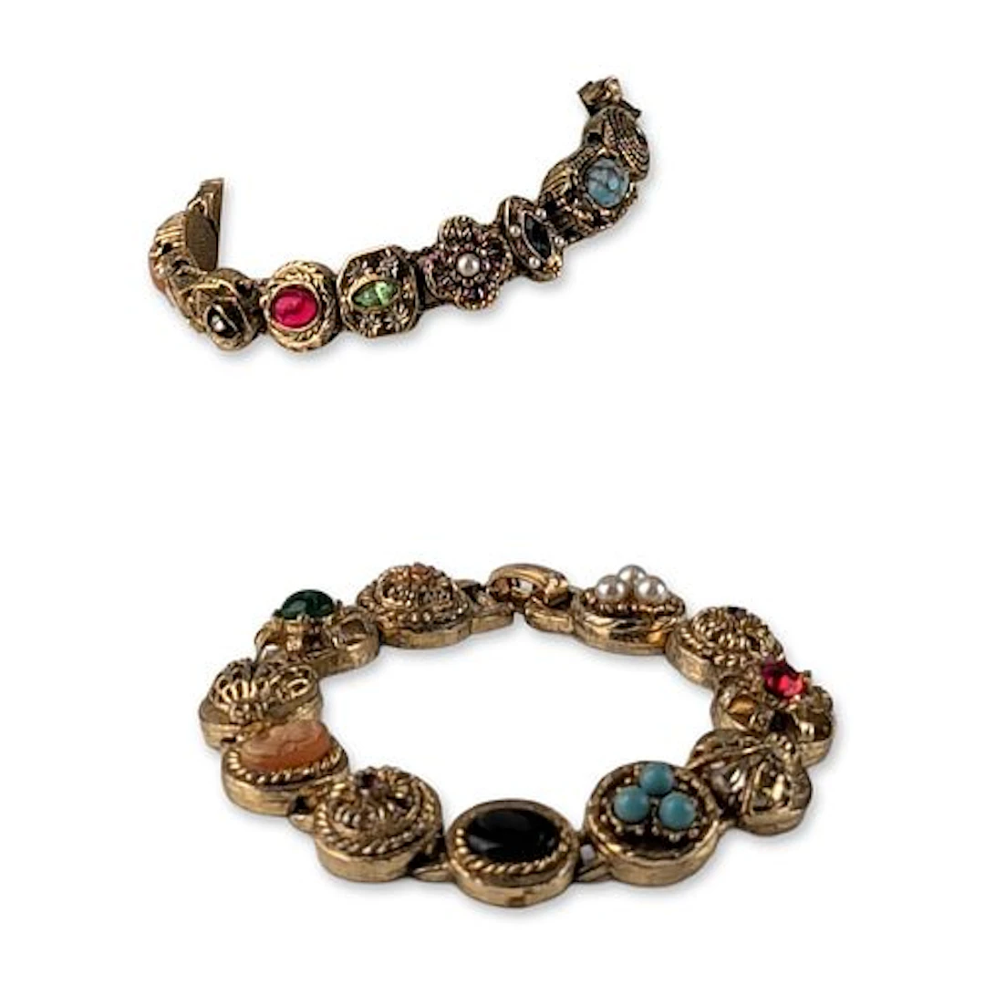 2pc Vintage Victorian Revival Gold-Tone Multi-Charm Slide Bracelets