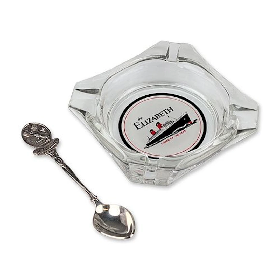 2pc Queen Elizabeth Ocean Liner Ashtray and Demitasse Spoon