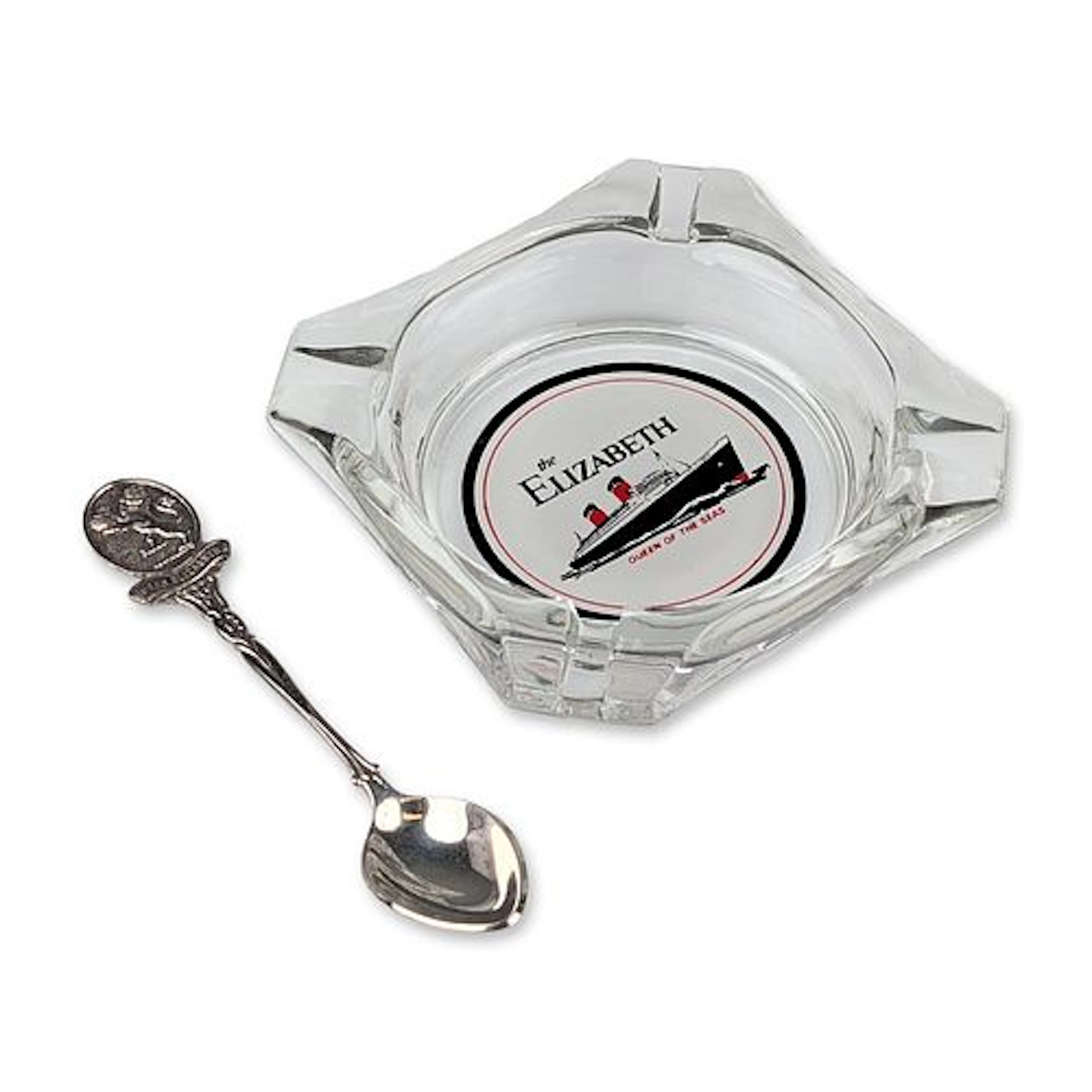2pc Queen Elizabeth Ocean Liner Ashtray and Demitasse Spoon