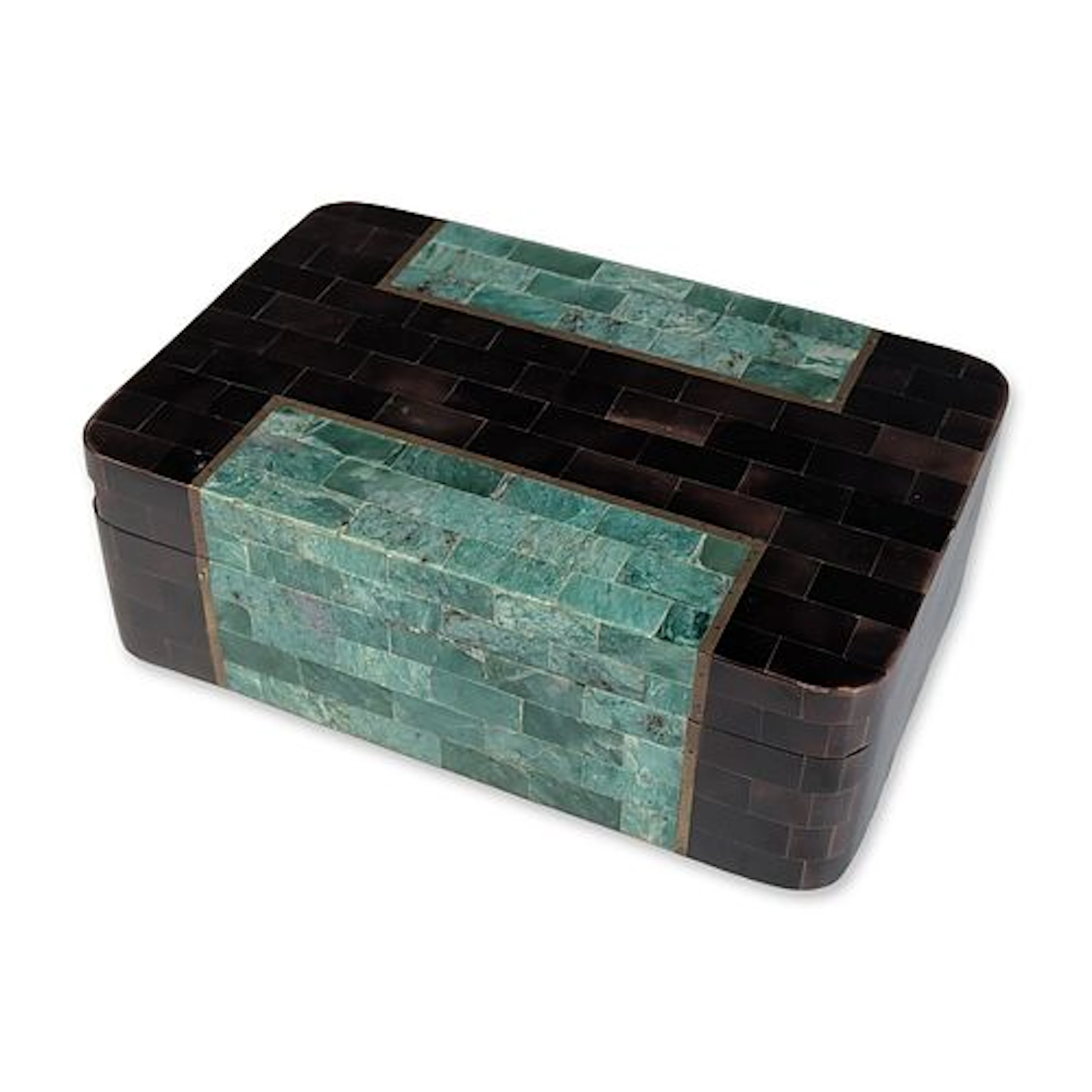 Tessellated Horn and Green Stone Wooden Jewelry Box