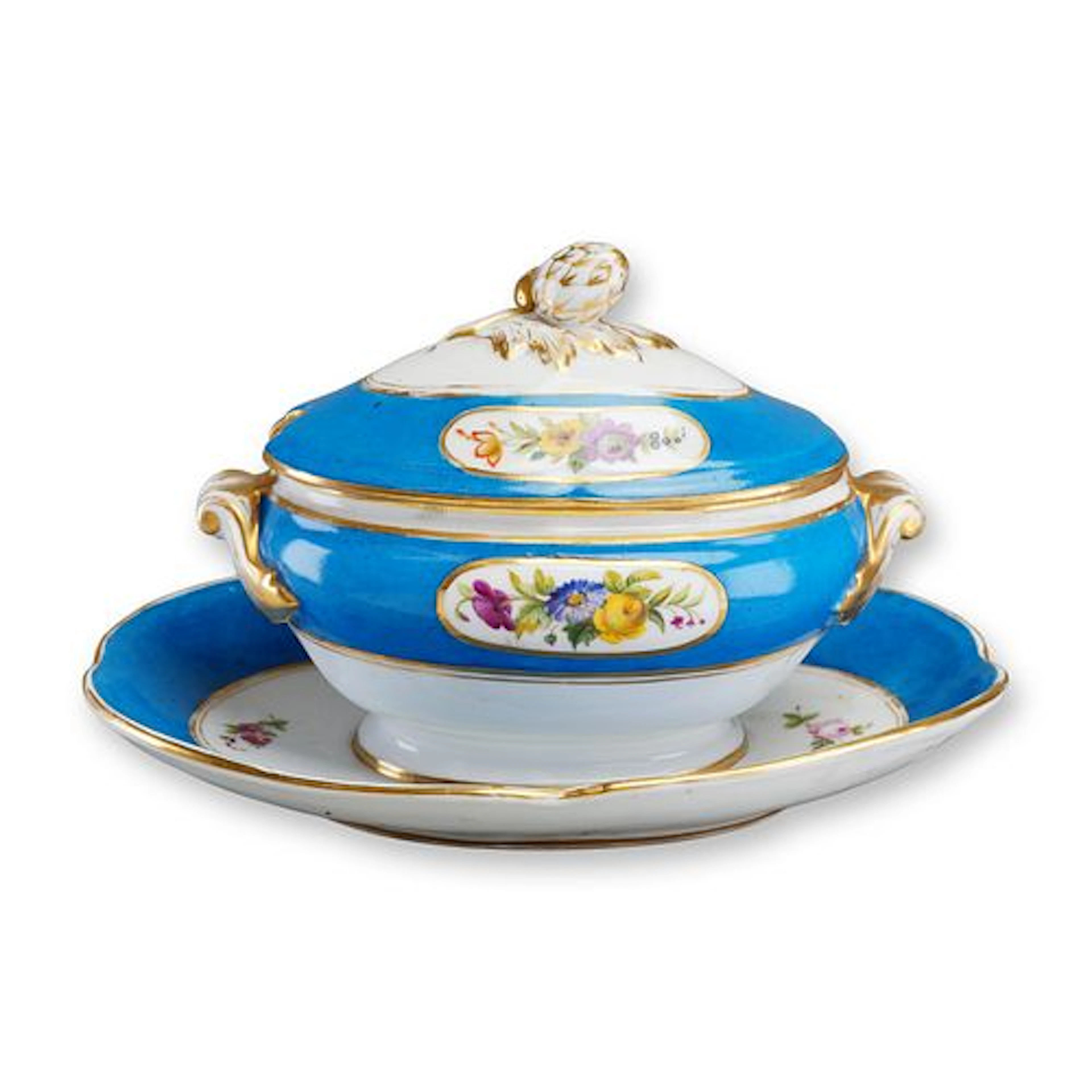 French Porcelain Covered Sauce Tureen on Stand, 19th Century