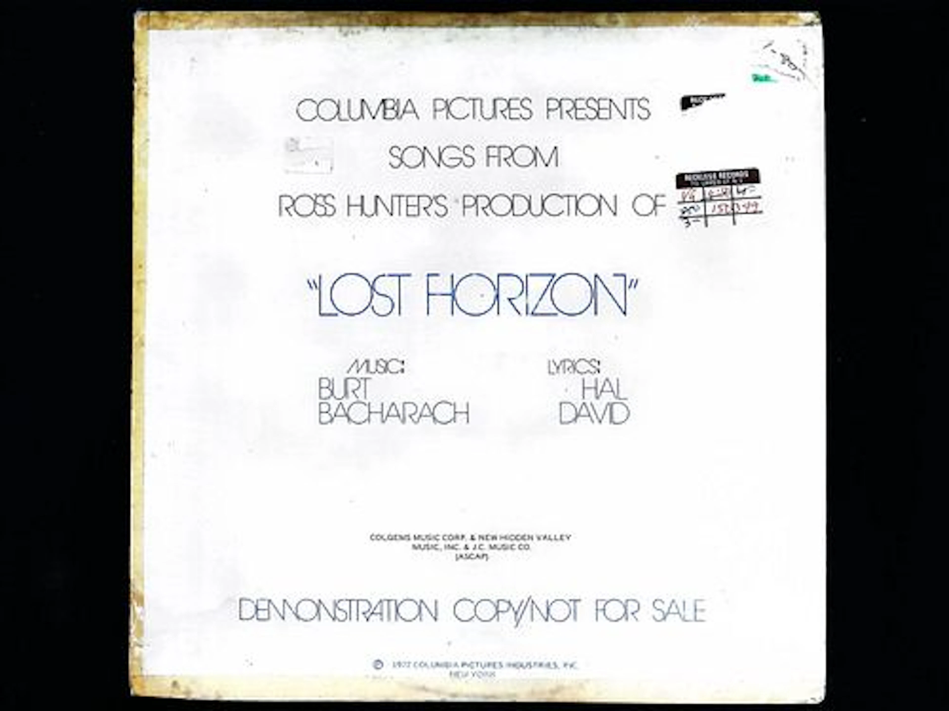 Lost Horizon 1972 Soundtrack Demonstration Copy Blue Vinyl LP Burt Bacharach