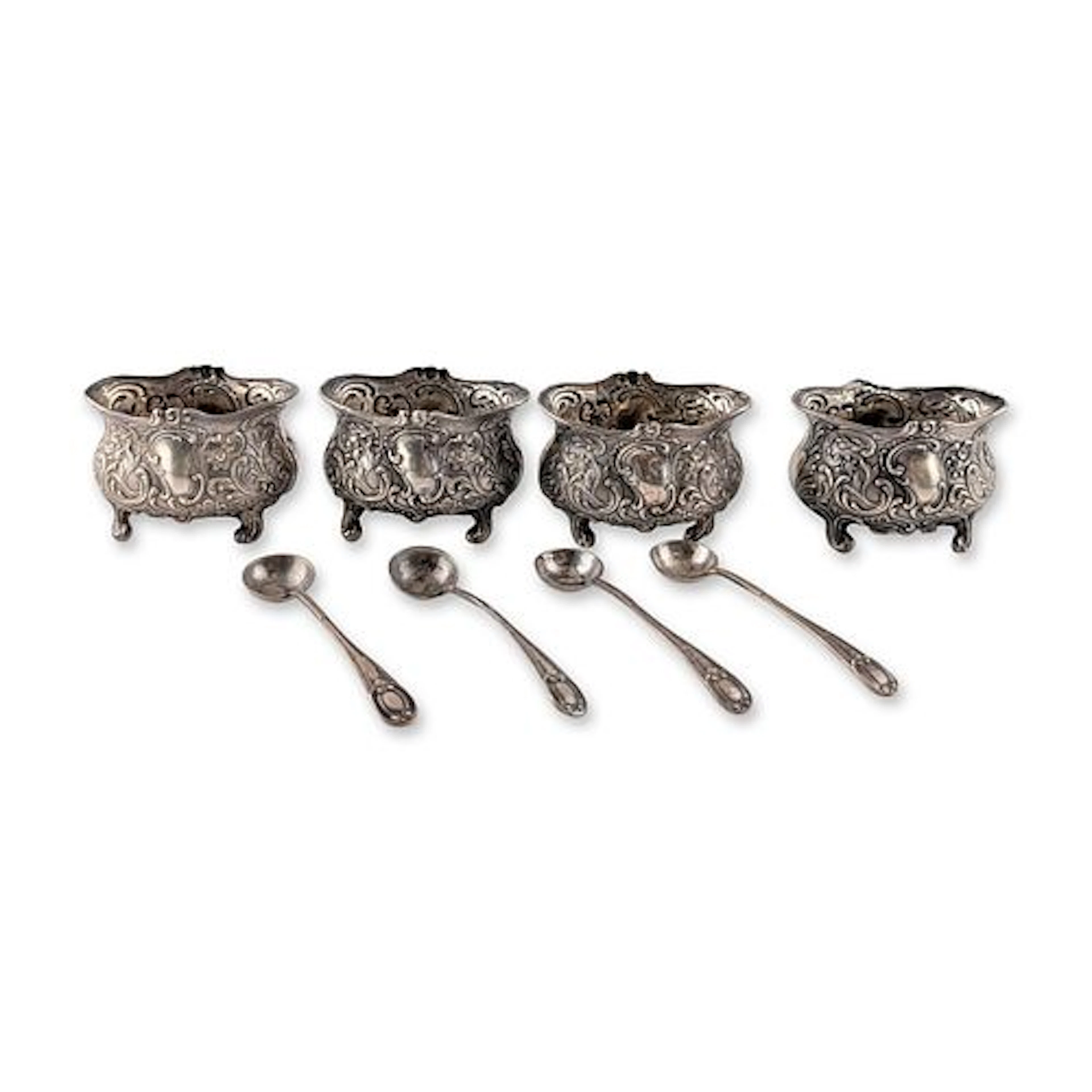 8pc Victorian Sterling Silver WRC Salt Cellars and JL&S Spoons Set