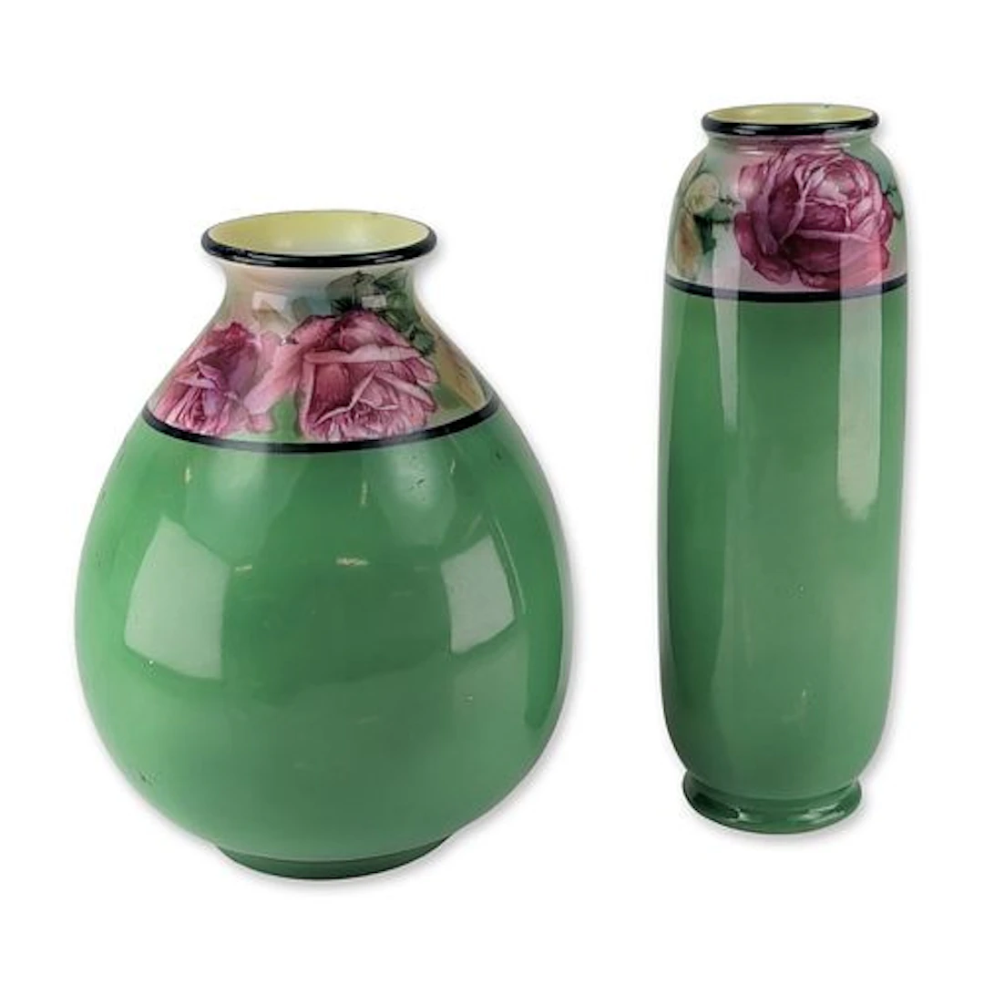 2pc Royal Bayreuth Apple Green Porcelain Rose Vases