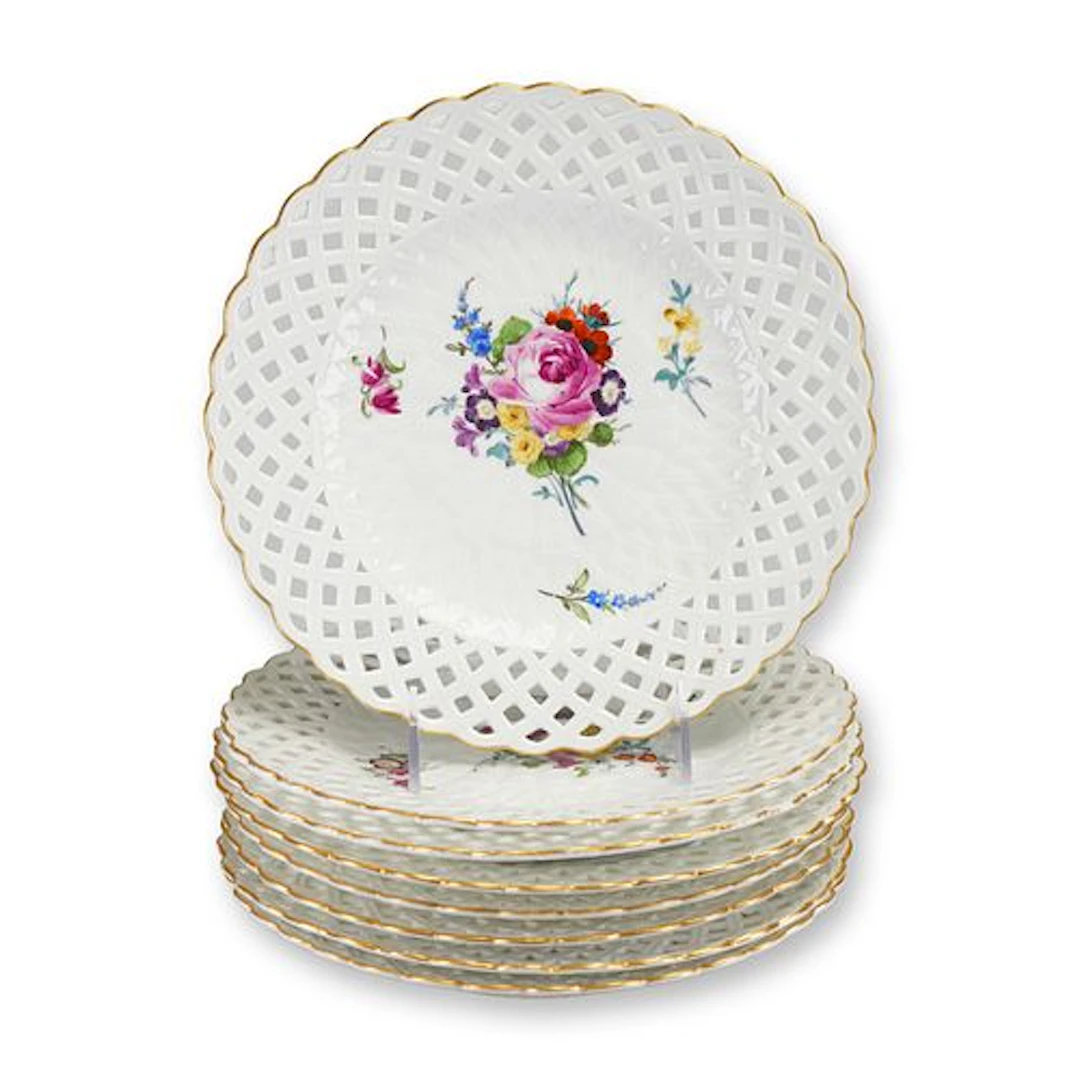 8pc Meissen Reticulated Porcelain Cabinet Plates Set, Late 18th Century