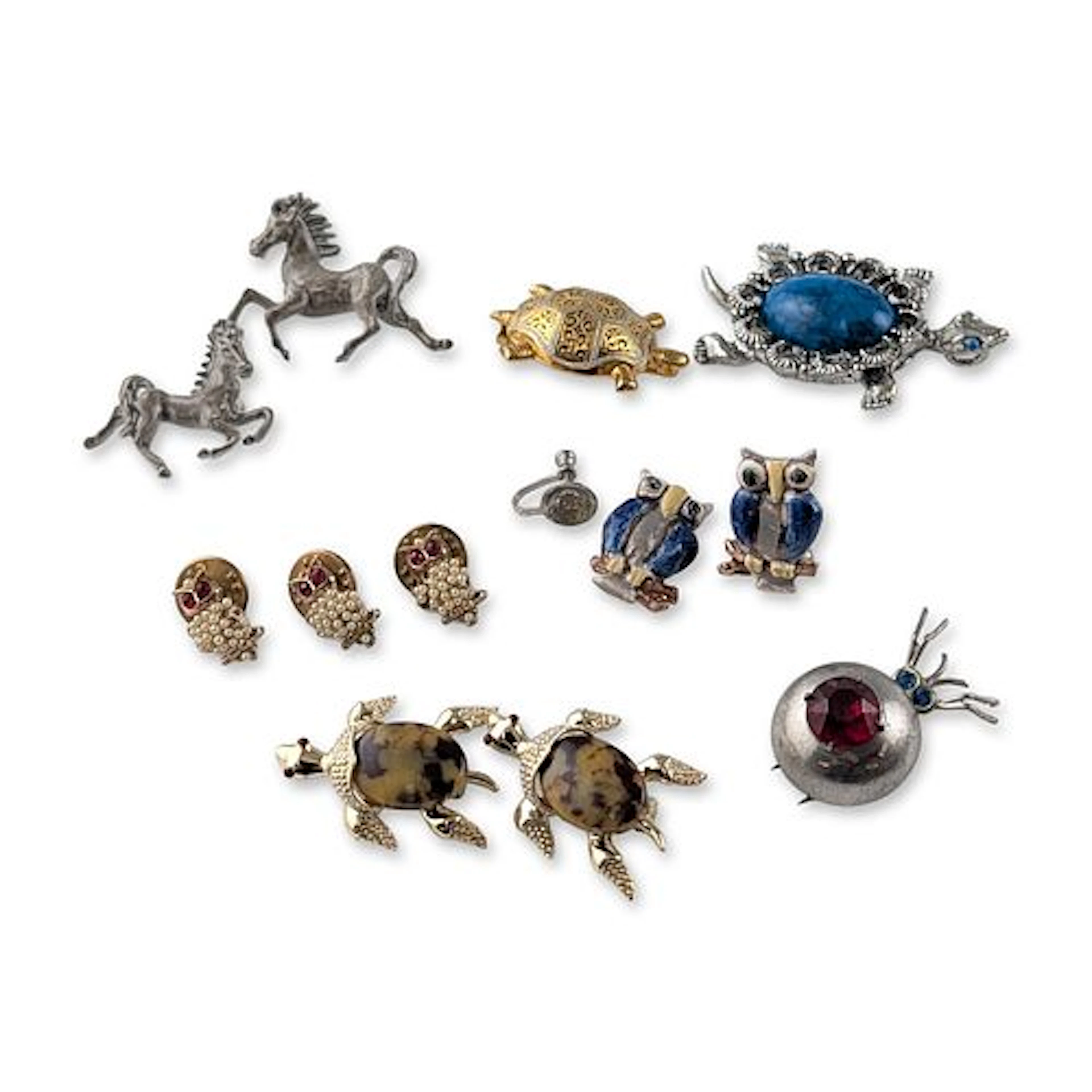 12pc Vintage Animal Motif Costume Jewelry Earrings, Brooches and Pins