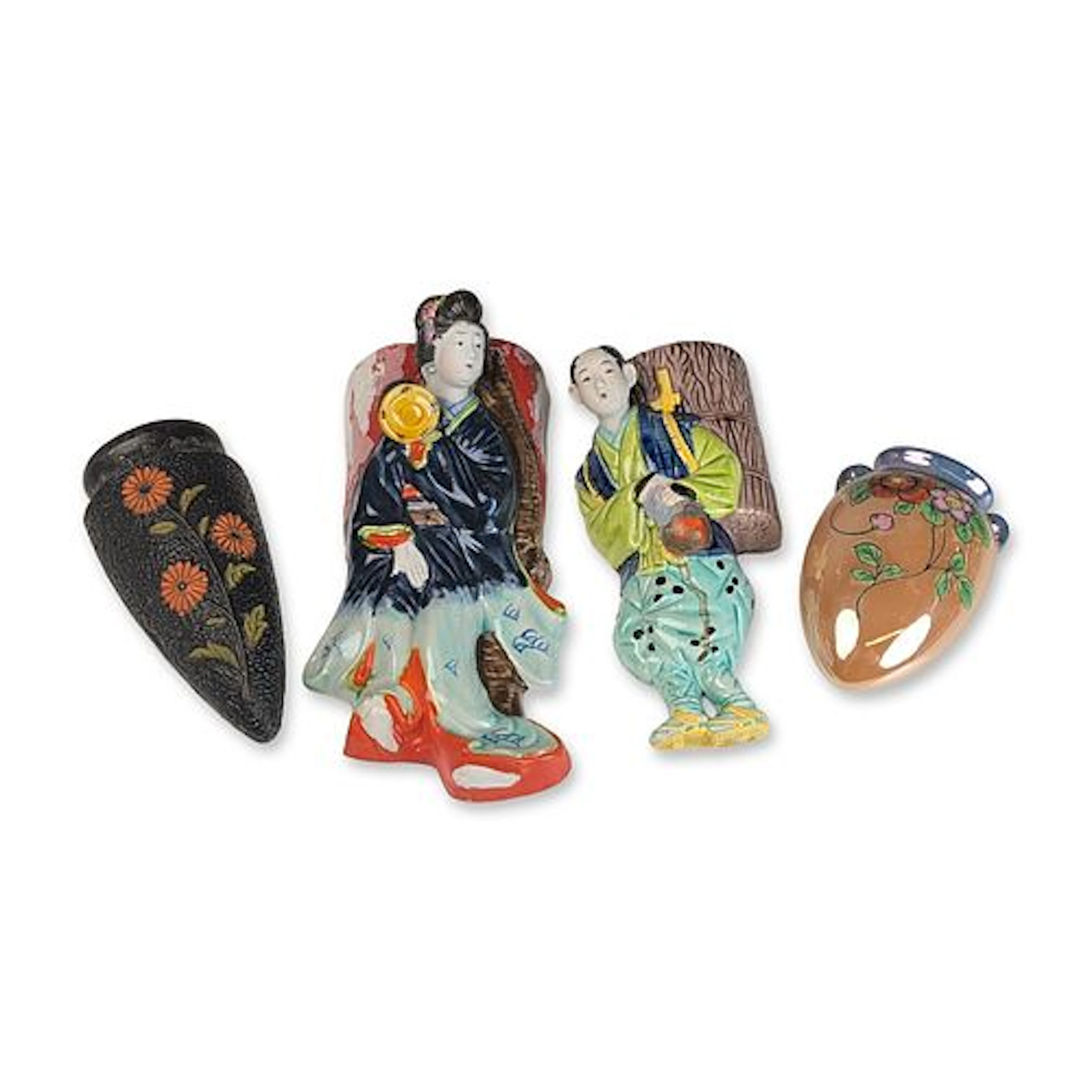 4pc Japanese Ceramic Wall Pocket Figurines and Vases