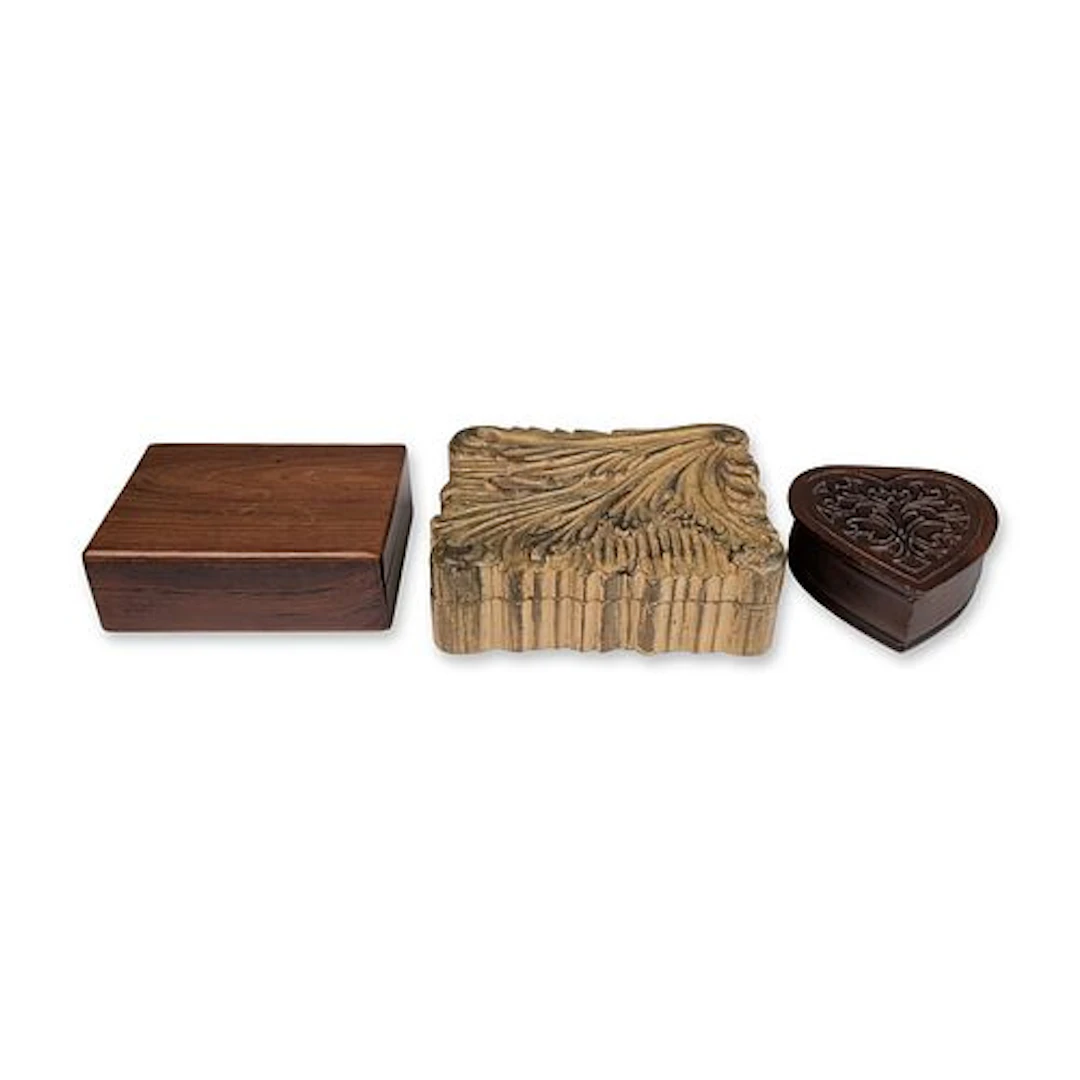 3pc Wooden Carved Jewelry and Keepsake Boxes