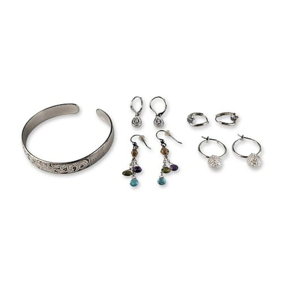 5pc Silver-Tone and Multi-Stone Bracelet and Earrings