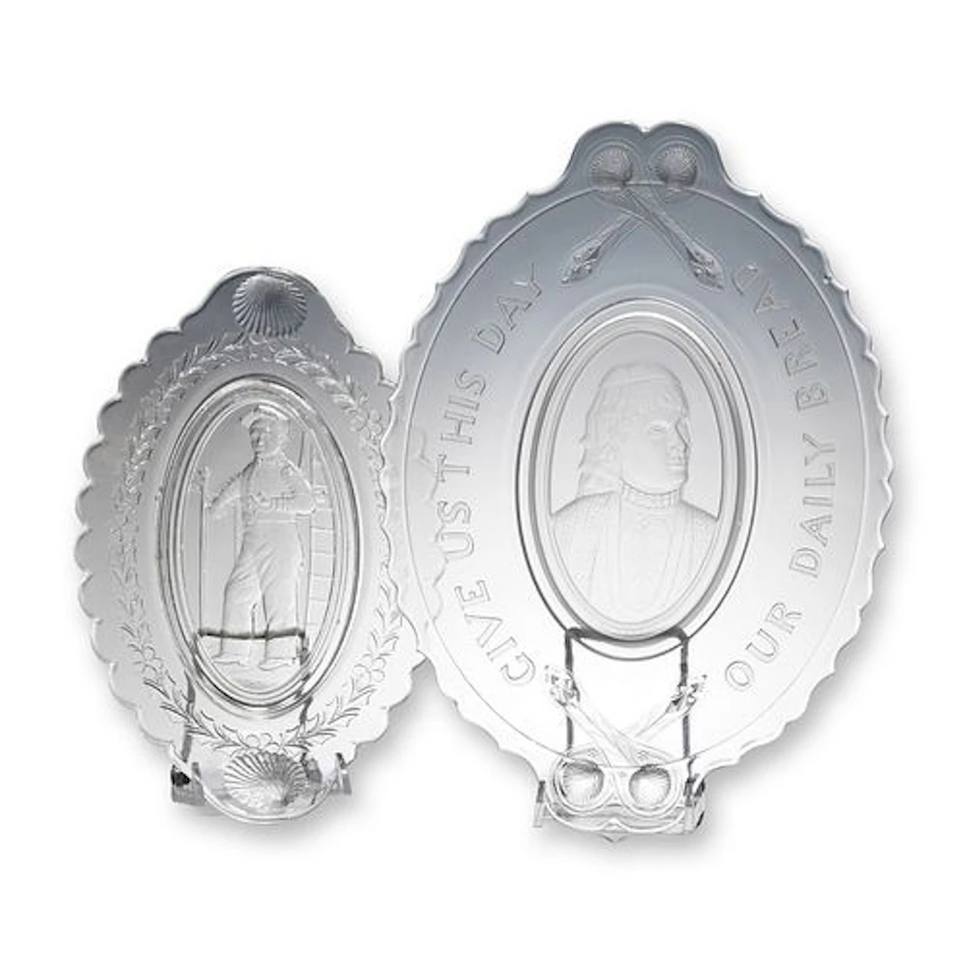 2pc Early American Pattern Glass Commemorative Trays