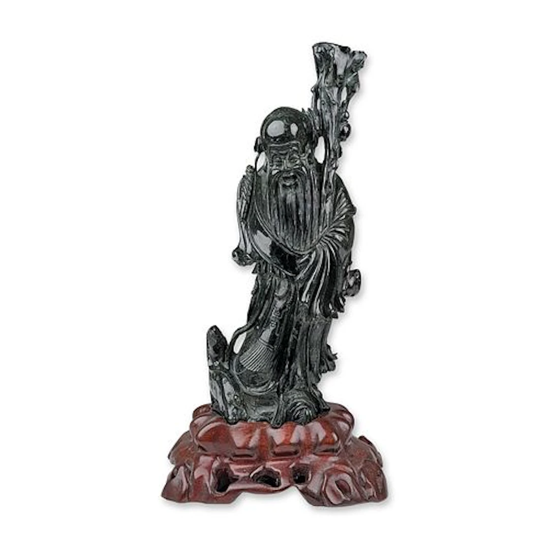 Chinese Spinach Jade Shoulao Carved Figurine with Wood Stand