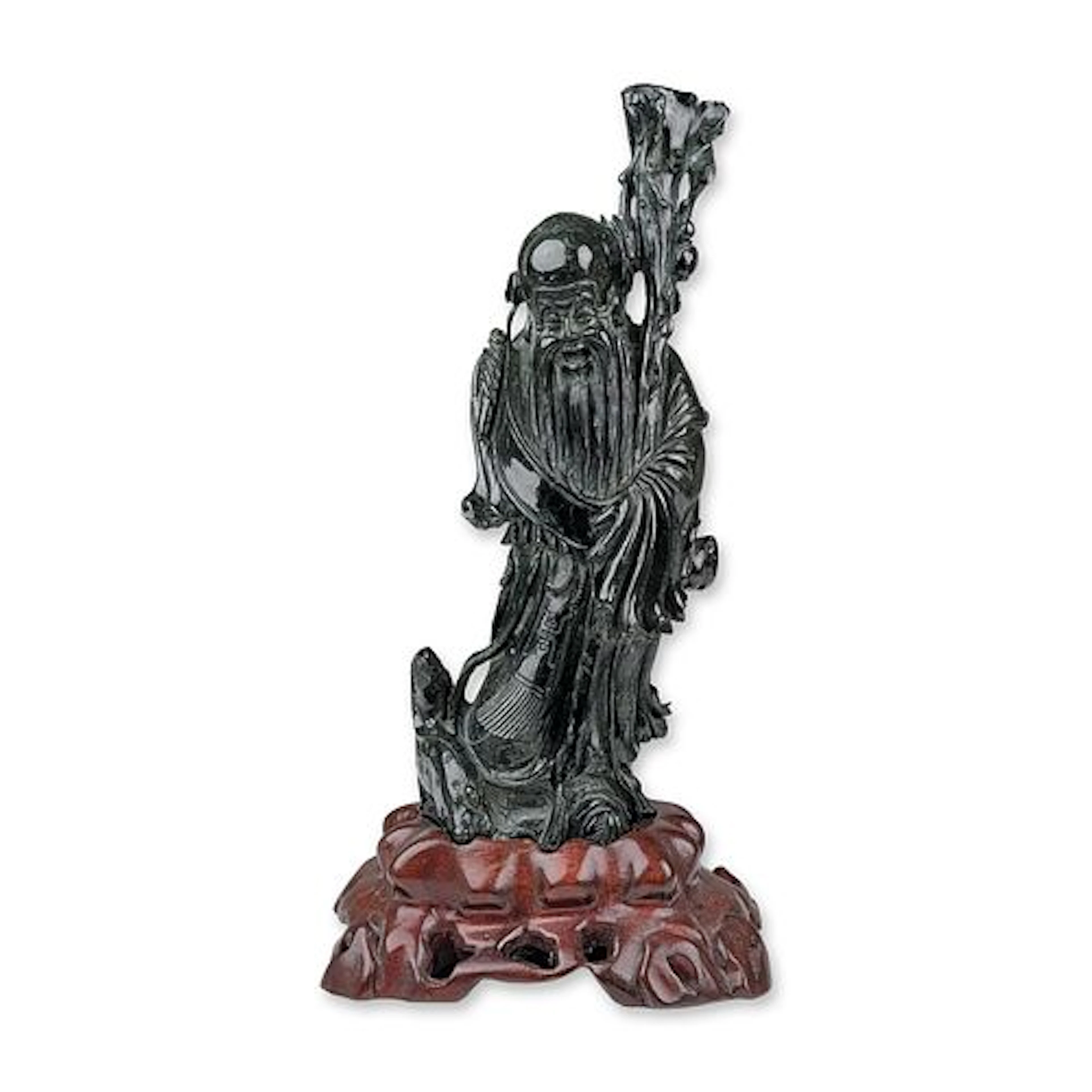 Chinese Spinach Jade Shoulao Carved Figurine with Wood Stand