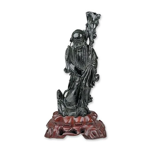 Chinese Spinach Jade Shoulao Carved Figurine with Wood Stand