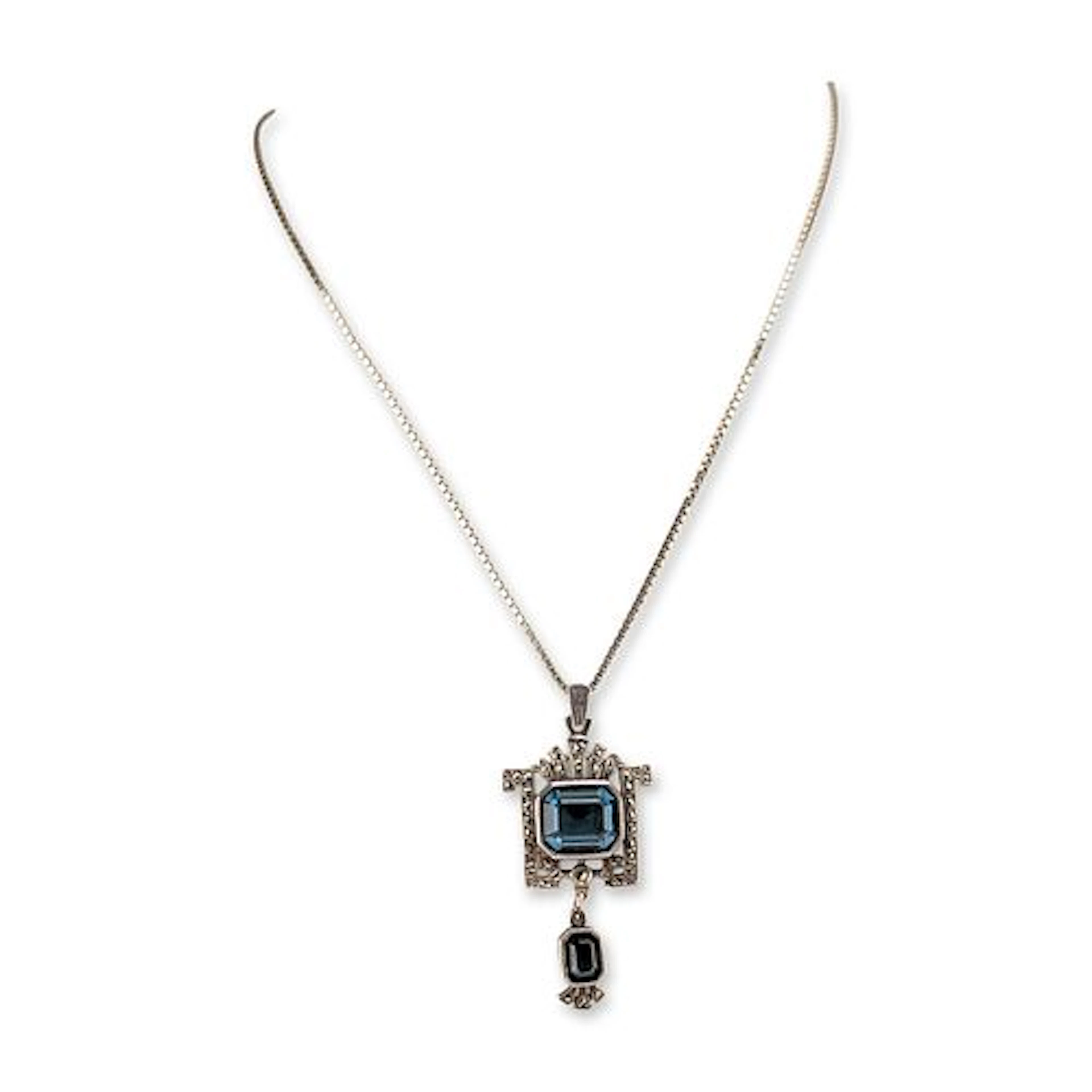 Art Deco Style 850 Silver Necklace & Blue Stone Marcasite Pendant Set