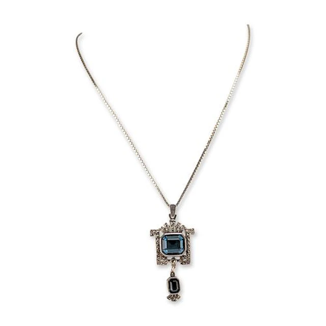 Art Deco Style 850 Silver Necklace & Blue Stone Marcasite Pendant Set