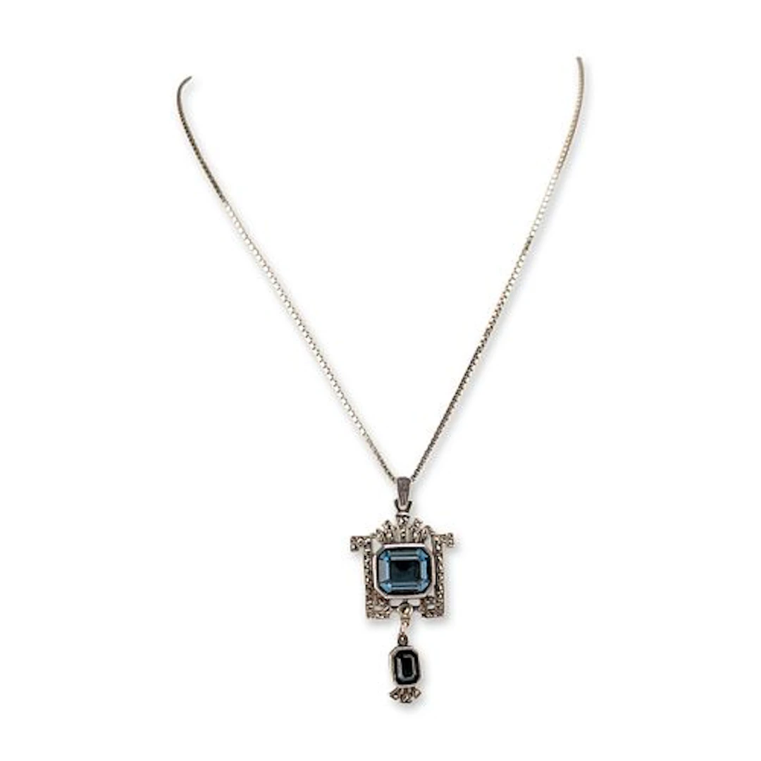 Art Deco Style 850 Silver Necklace & Blue Stone Marcasite Pendant Set