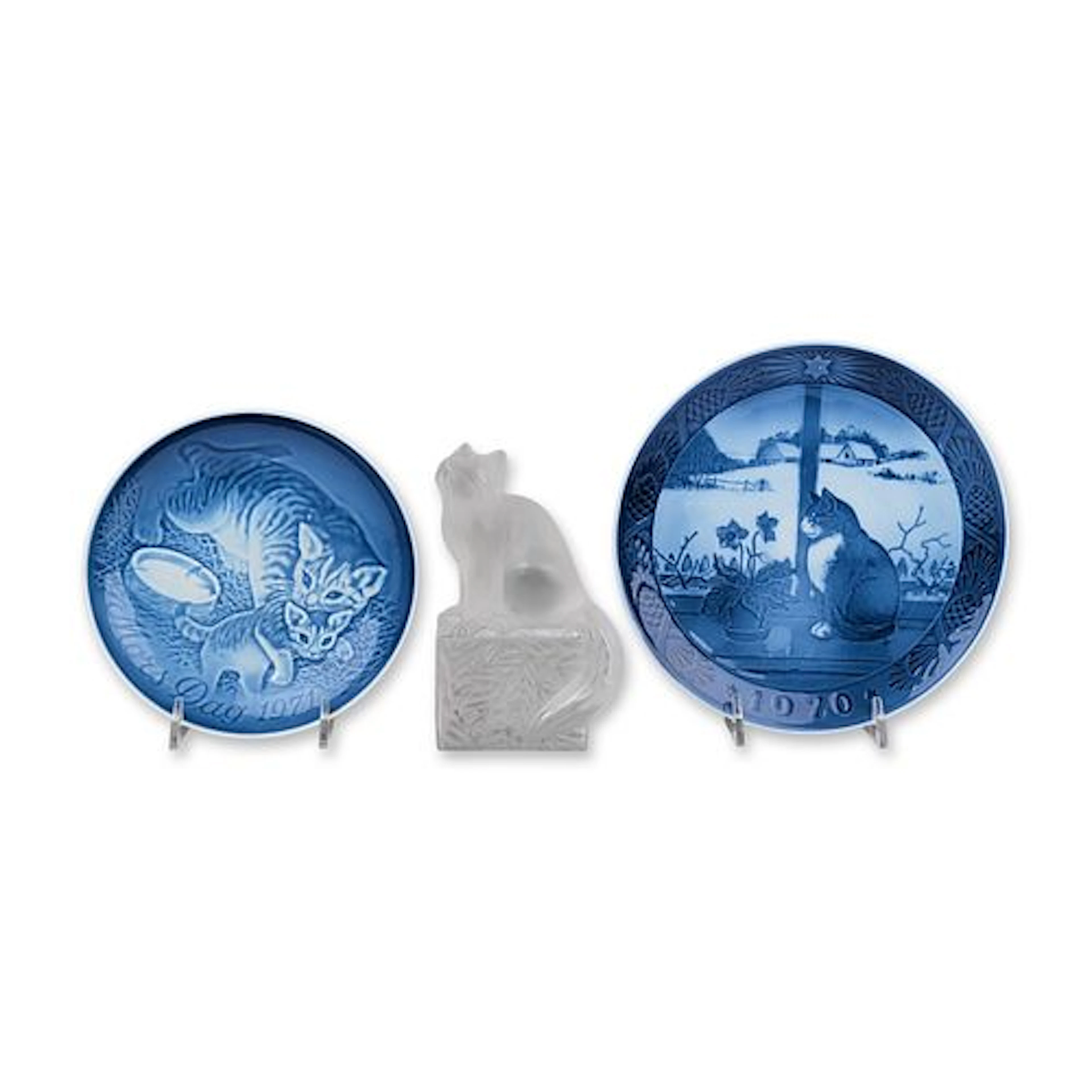 3pc Royal Copenhagen Porcelain Cat Plates with a Crystal Cat Paperweight