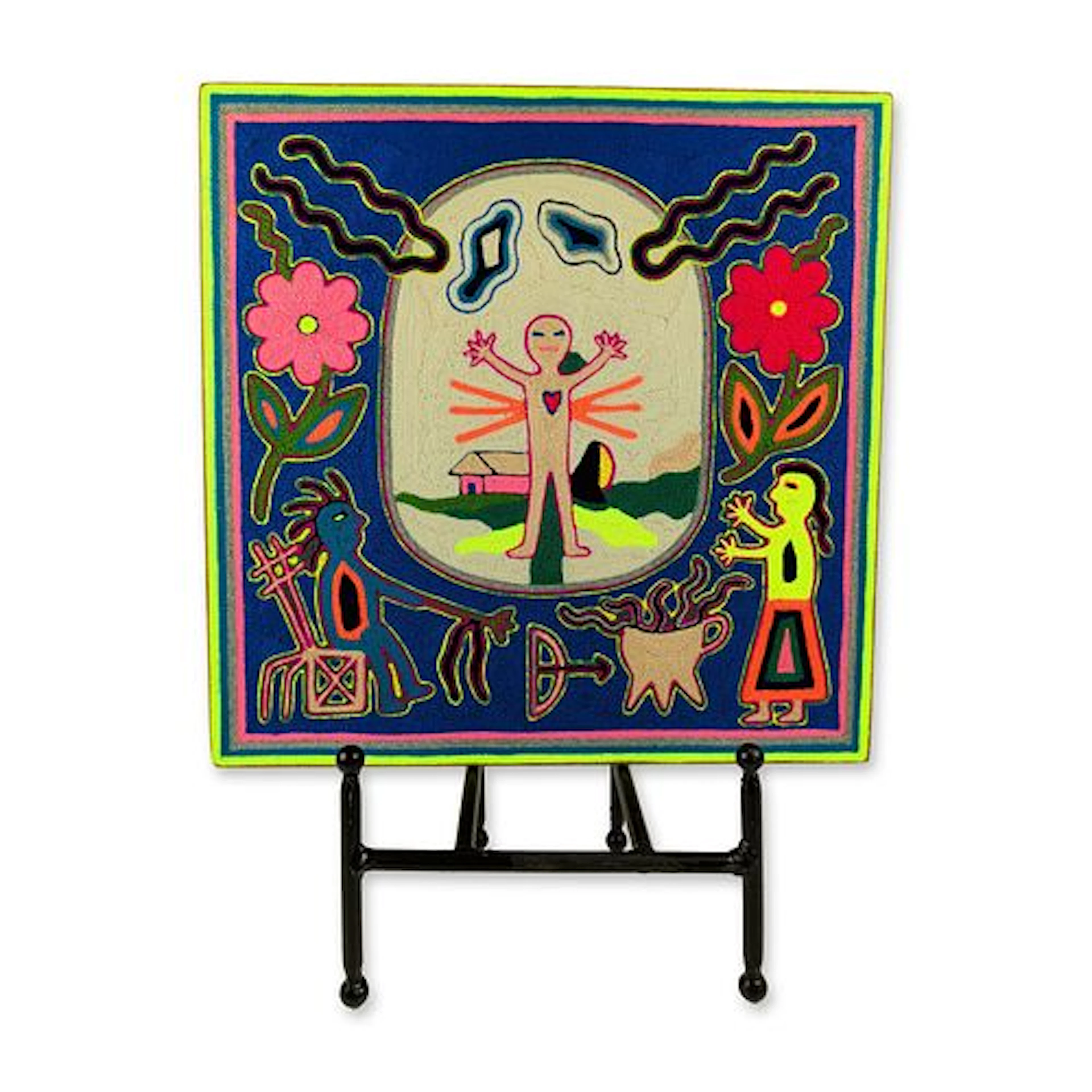 Antonio Lopez Pinedo Huichol Anthropomorphic Sun Portal Nierika Yarn Painting