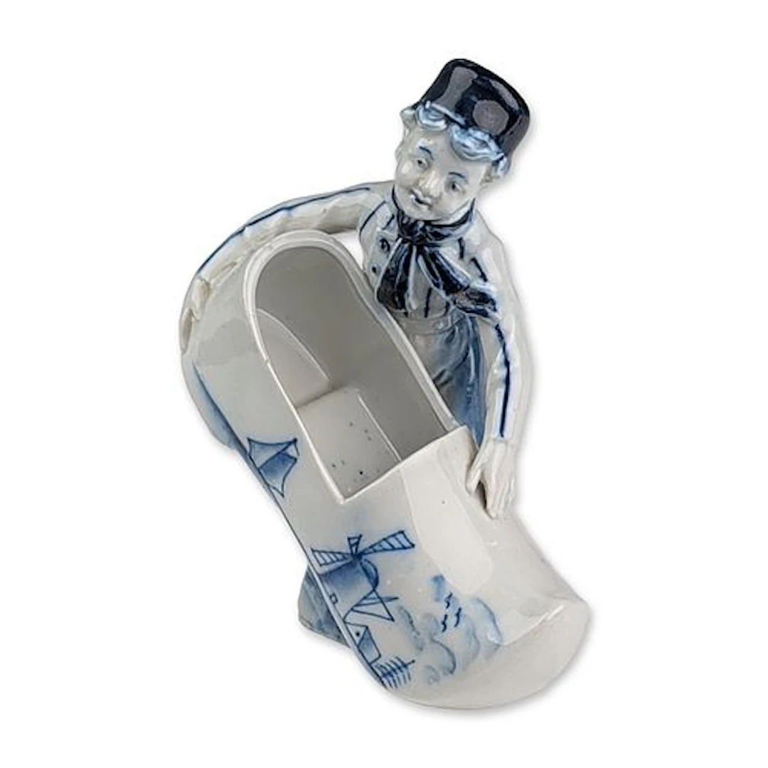 German Glazed Ceramic Dutch Boy and Clog Figurine