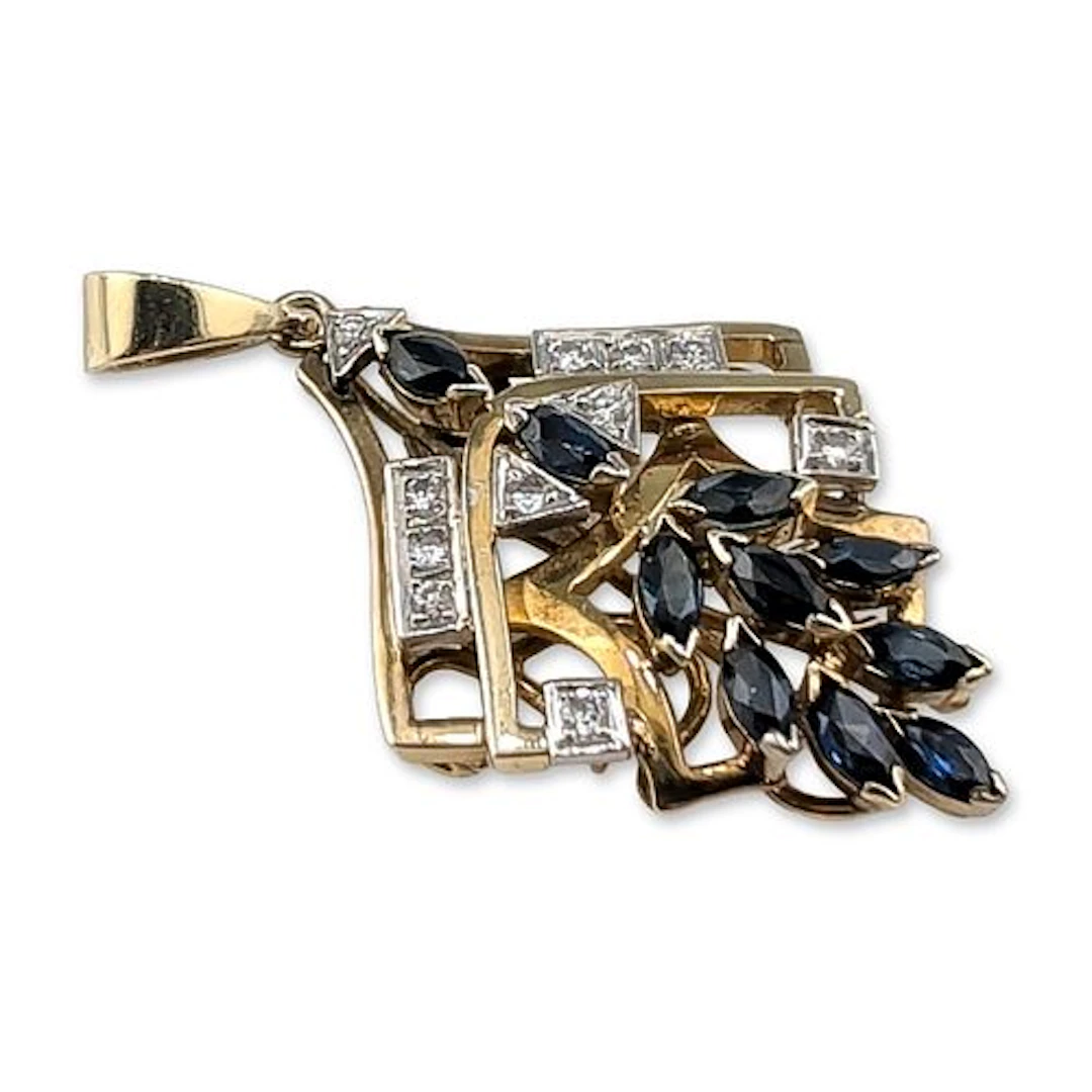 14K Gold Sapphire and Diamond Foliate Pendant