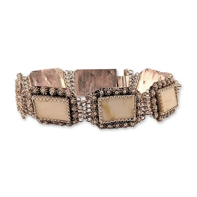 Vintage Asian Style 970 Silver Filigree and Bone Panel Bracelet