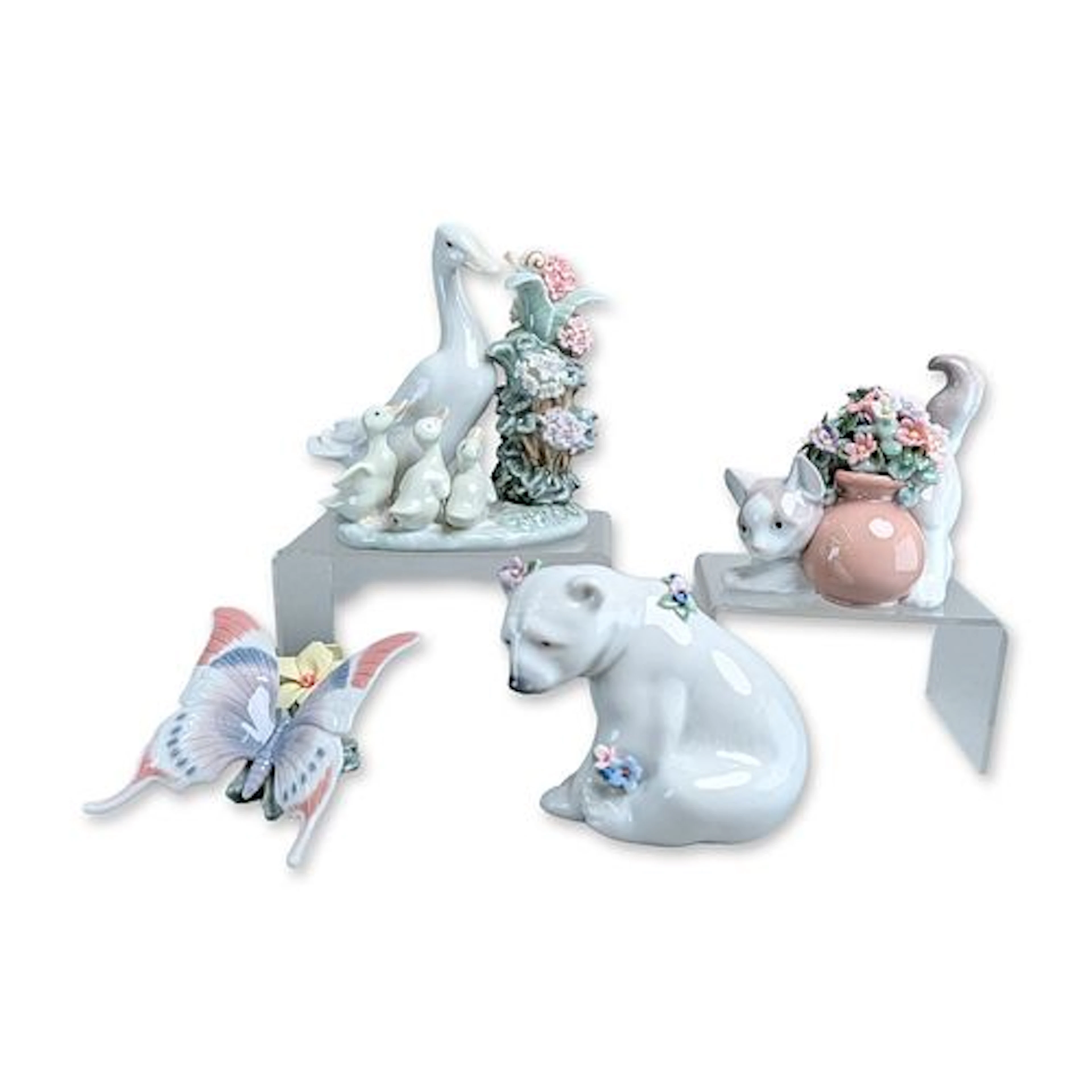 4pc Lladro Glazed Porcelain Animal Figurines, Duck, Kitten, Polar