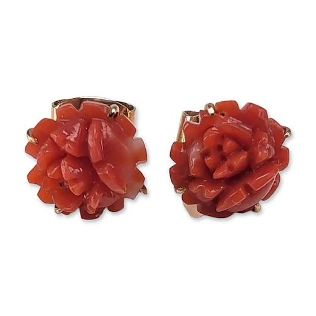 18K Yellow Gold Carved Coral Flower Stud Earrings