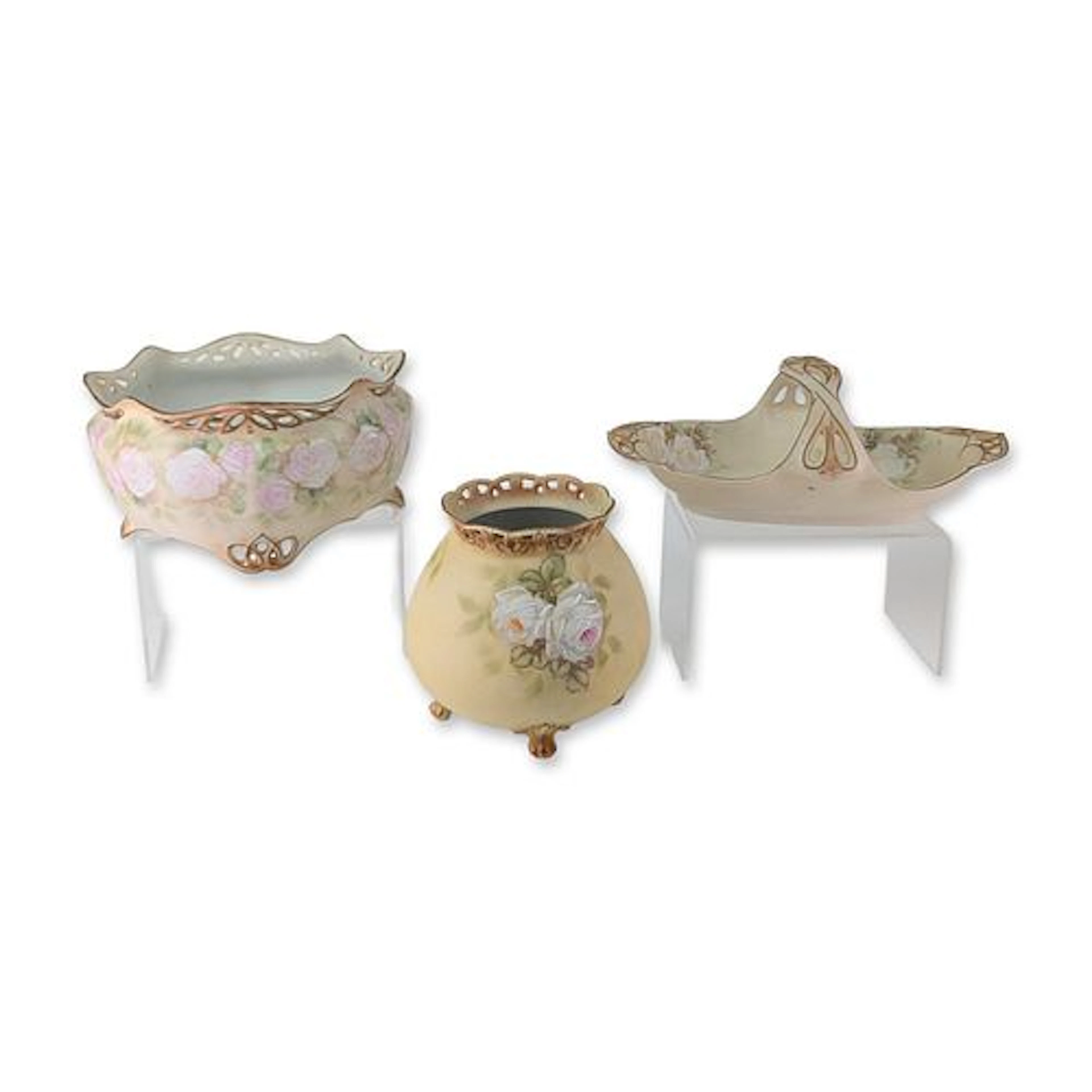 3pc Royal Bayreuth Bavaria Porcelain Floral Bowl, Cachepot and Basket