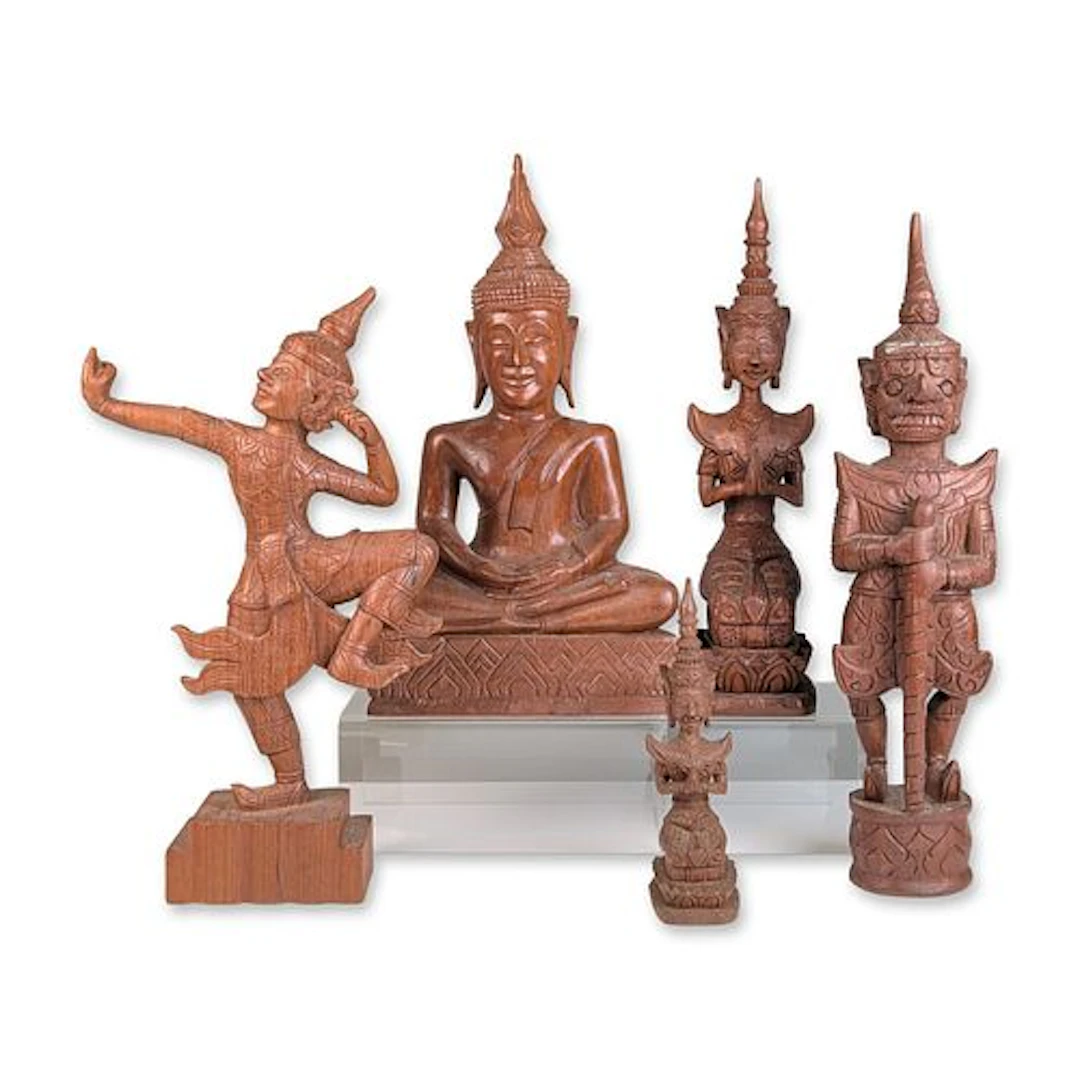 5pc Collection of Vintage Thai Carved Teakwood Figures