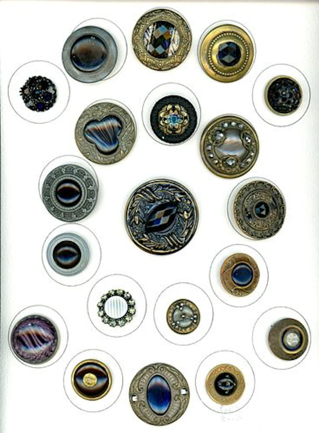 A CARD OF DIVISION 1 & 3 GLASS IN METAL BUTTONS