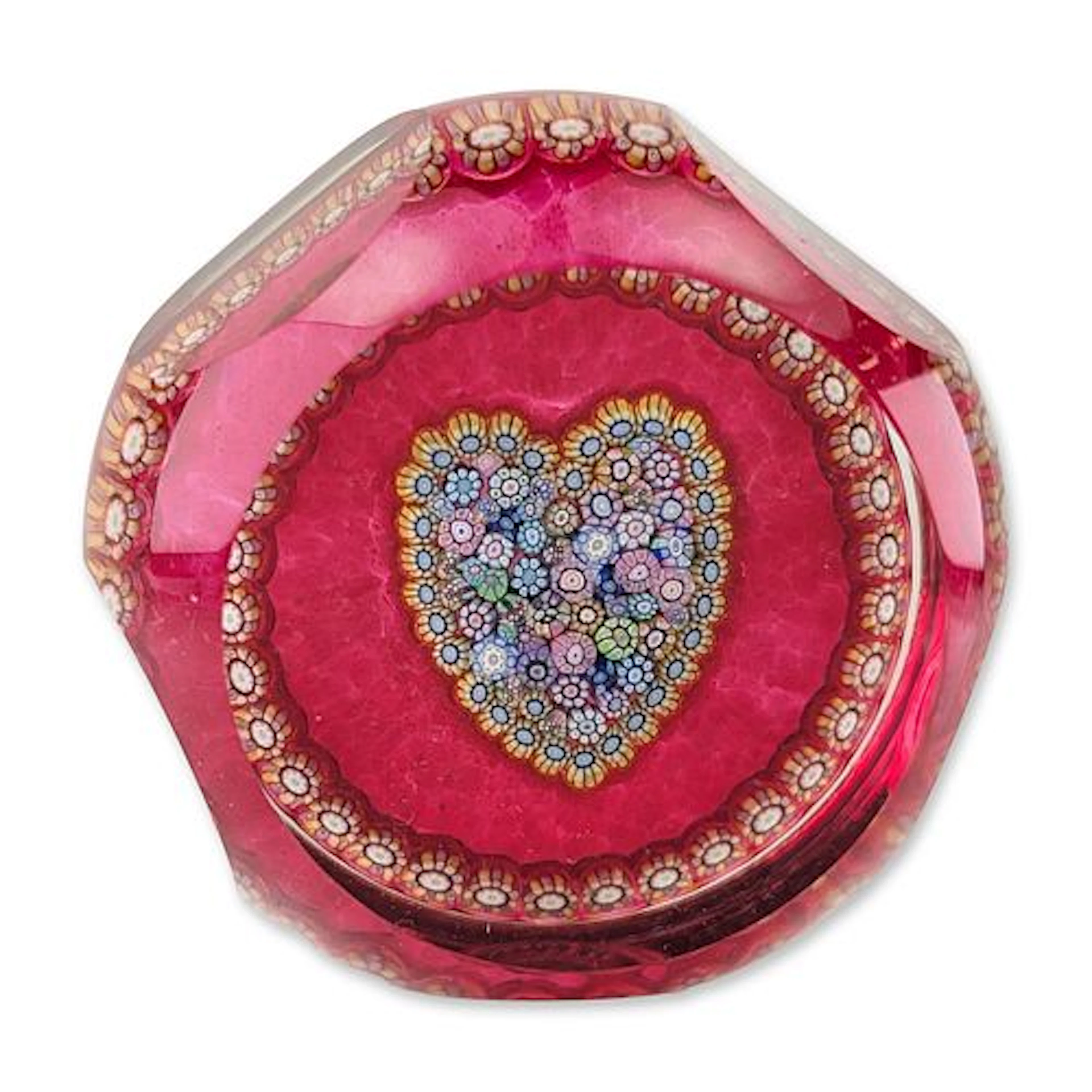 Perthshire Paperweights Millefiori Heart Faceted Cranberry Glass Paperweight