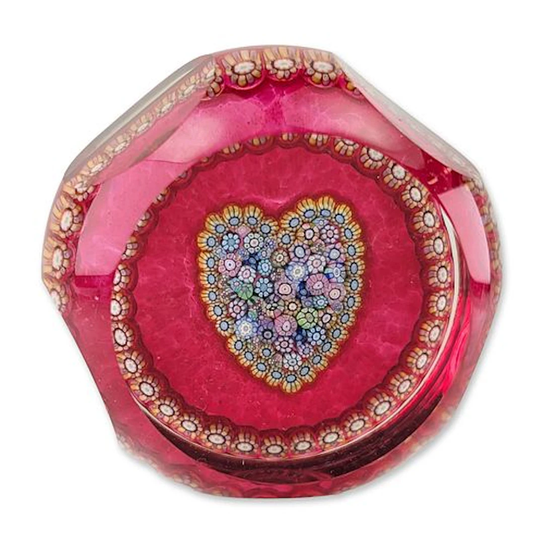 Perthshire Paperweights Millefiori Heart Faceted Cranberry Glass Paperweight