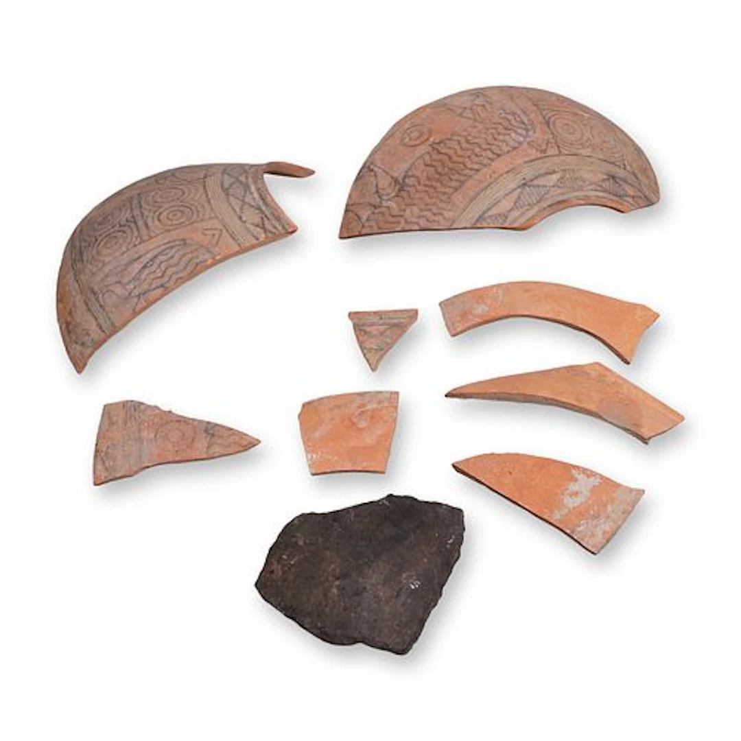 9pc Ancient Indus Valley Style Terracotta Pottery Fragments and Stone