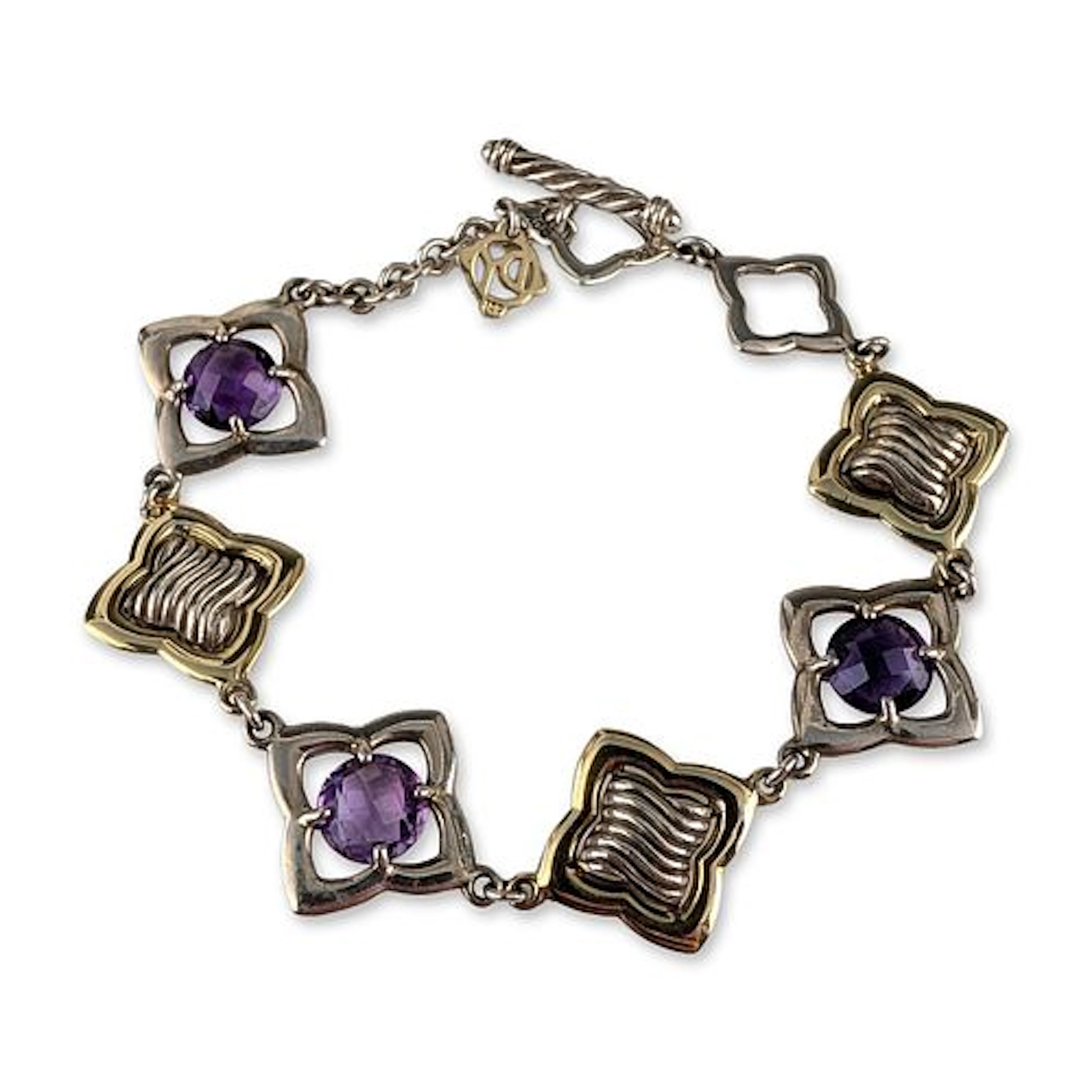 David Yurman Sterling Silver 18K Yellow Gold Amethyst Quatrefoil Link Bracelet