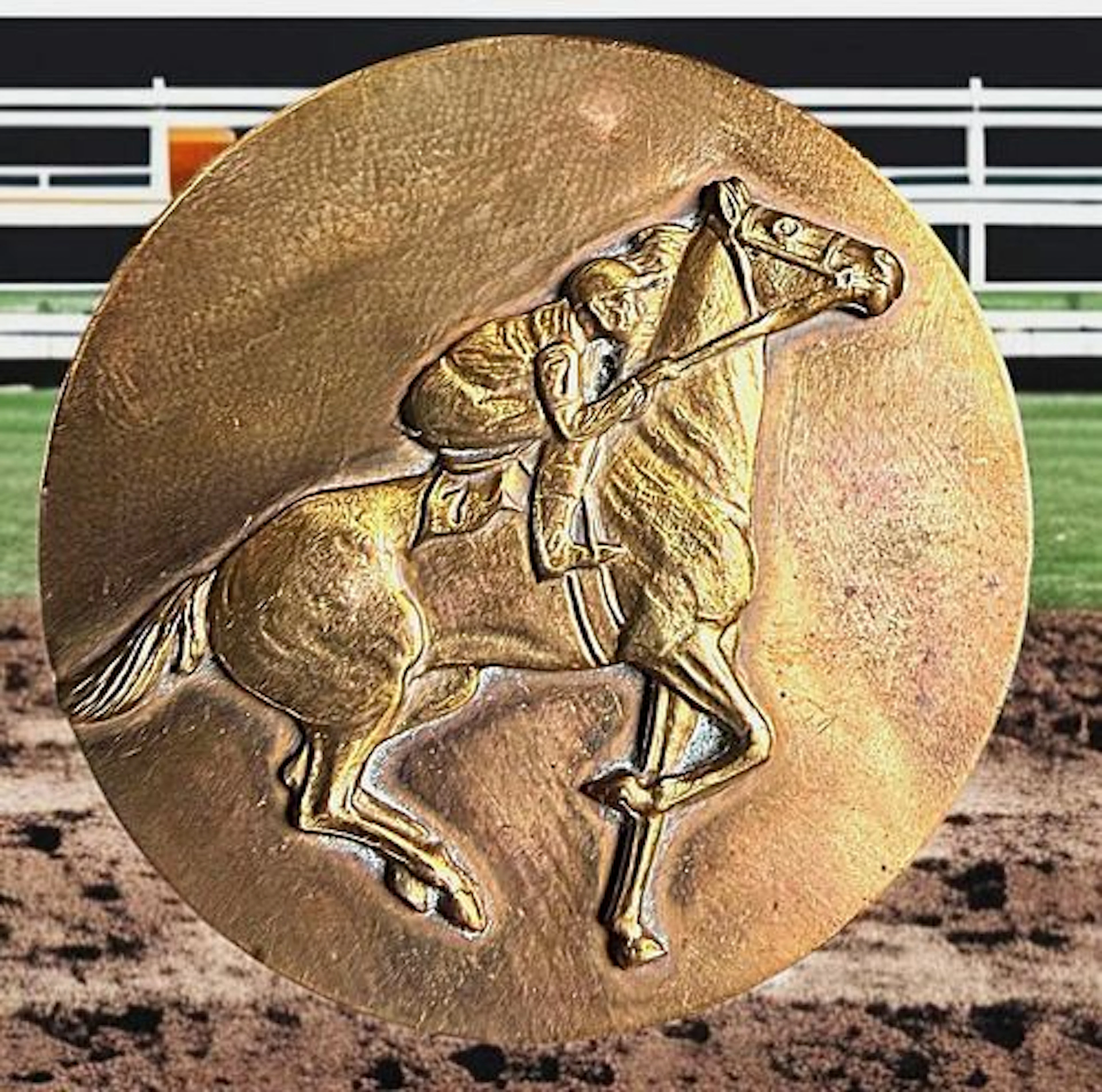 A DIVISION THREE PICTORIAL HORSE AND RIDER BUTTON