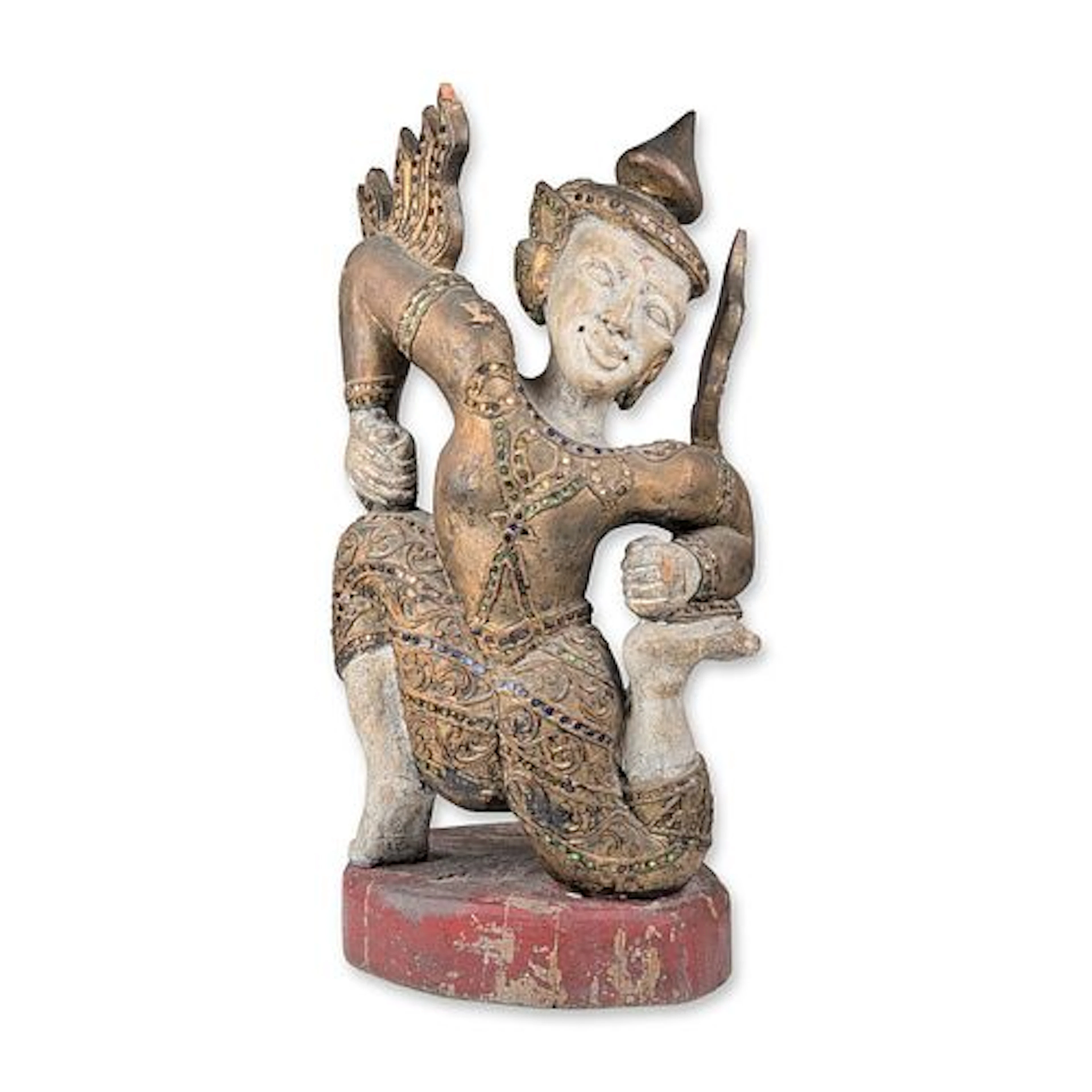 Burmese Carved Gilt Wood and Lacquer Kneeling Deity Figurine