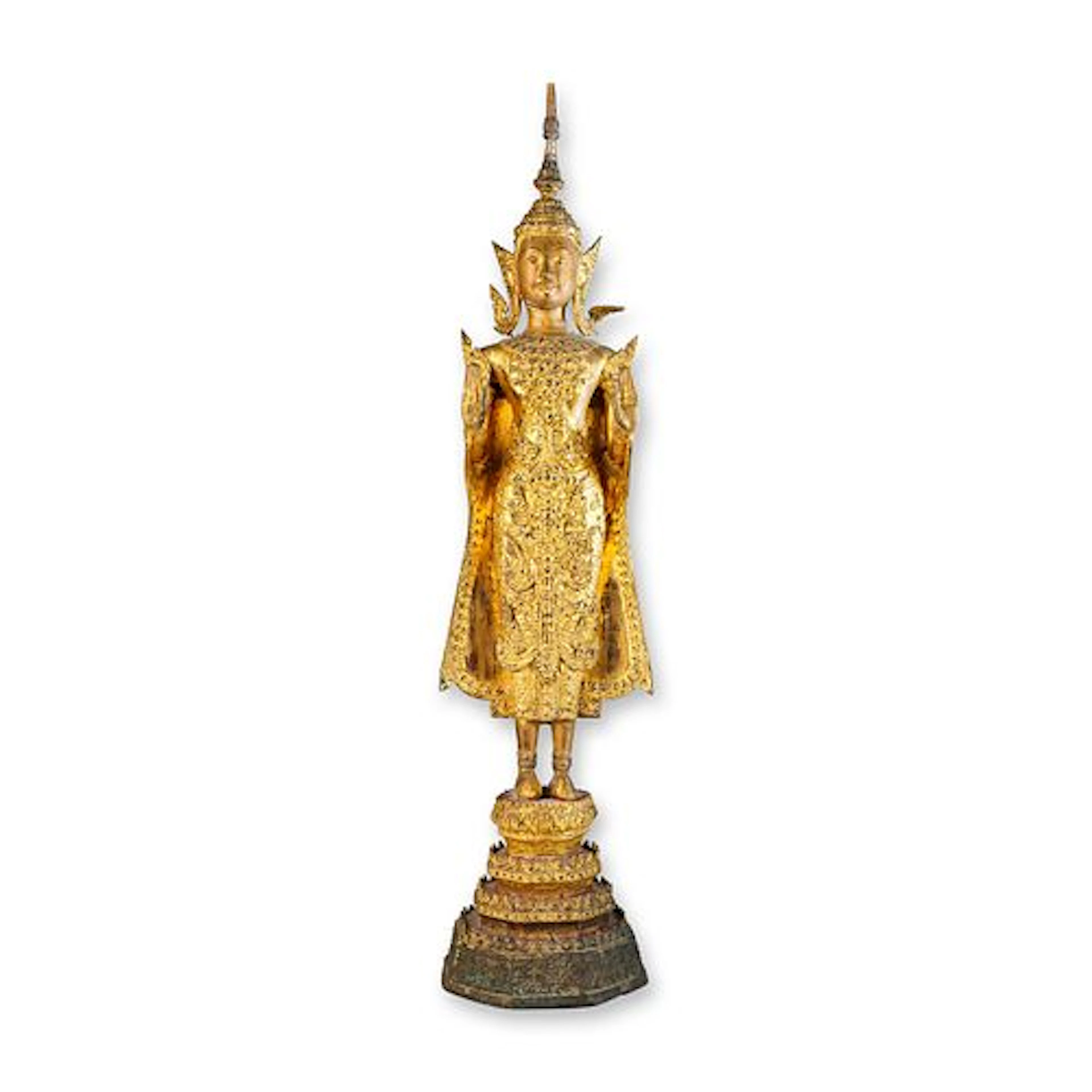Antique Gilt-Brass Figure, Standing Royal Thai Buddha, Phra Song Khruang