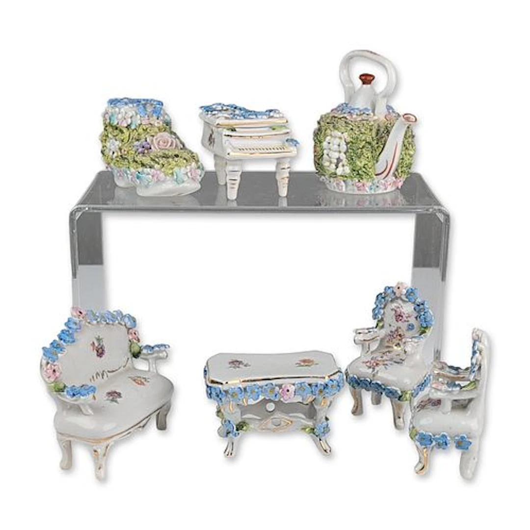 Elfenbeine Germany Porcelain Floral Encrusted Miniature Furniture Set