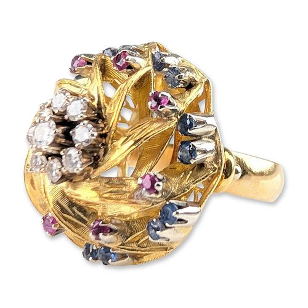 Retro Multi-Gemstone 18K Yellow Gold Cocktail Ring