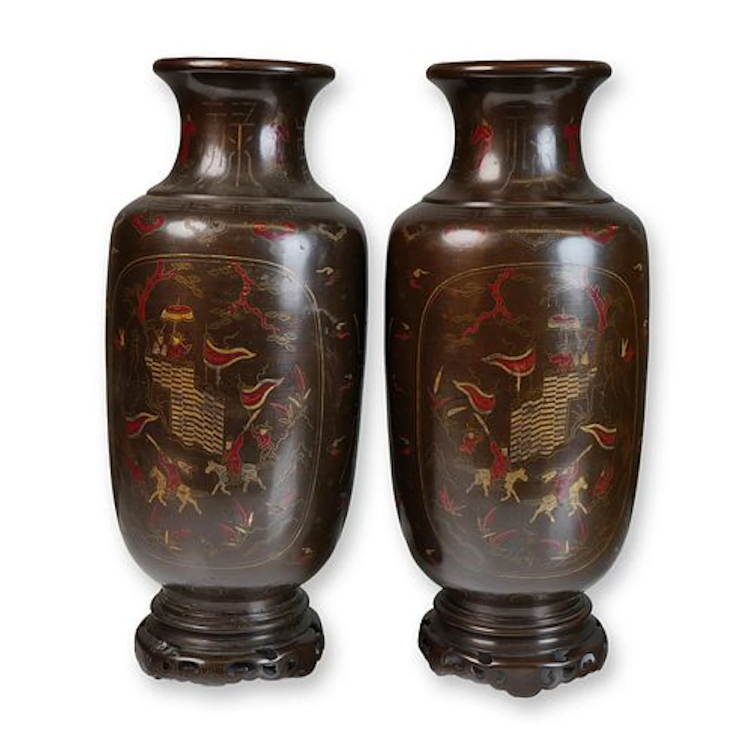 Pair of Chinese-Vietnamese Inlaid Silver and Copper Vases