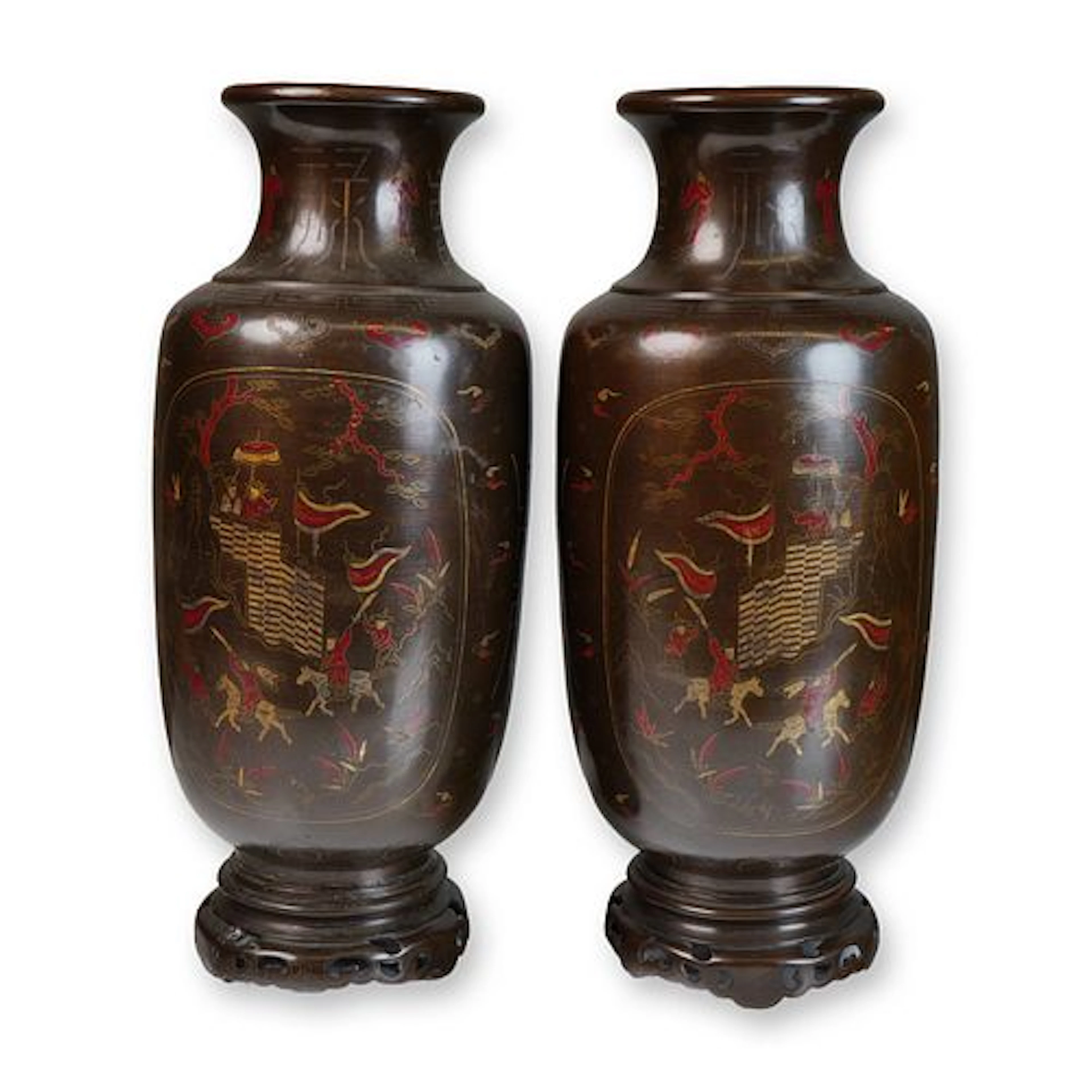 Pair of Chinese-Vietnamese Inlaid Silver and Copper Vases