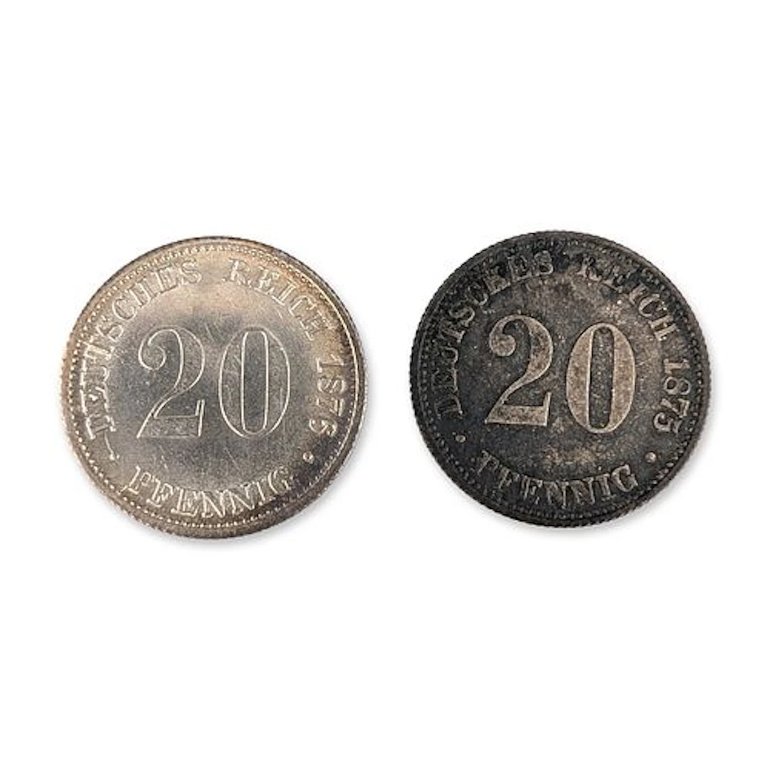 2pc 1875B, 1876D German 20 Pfennig Coins