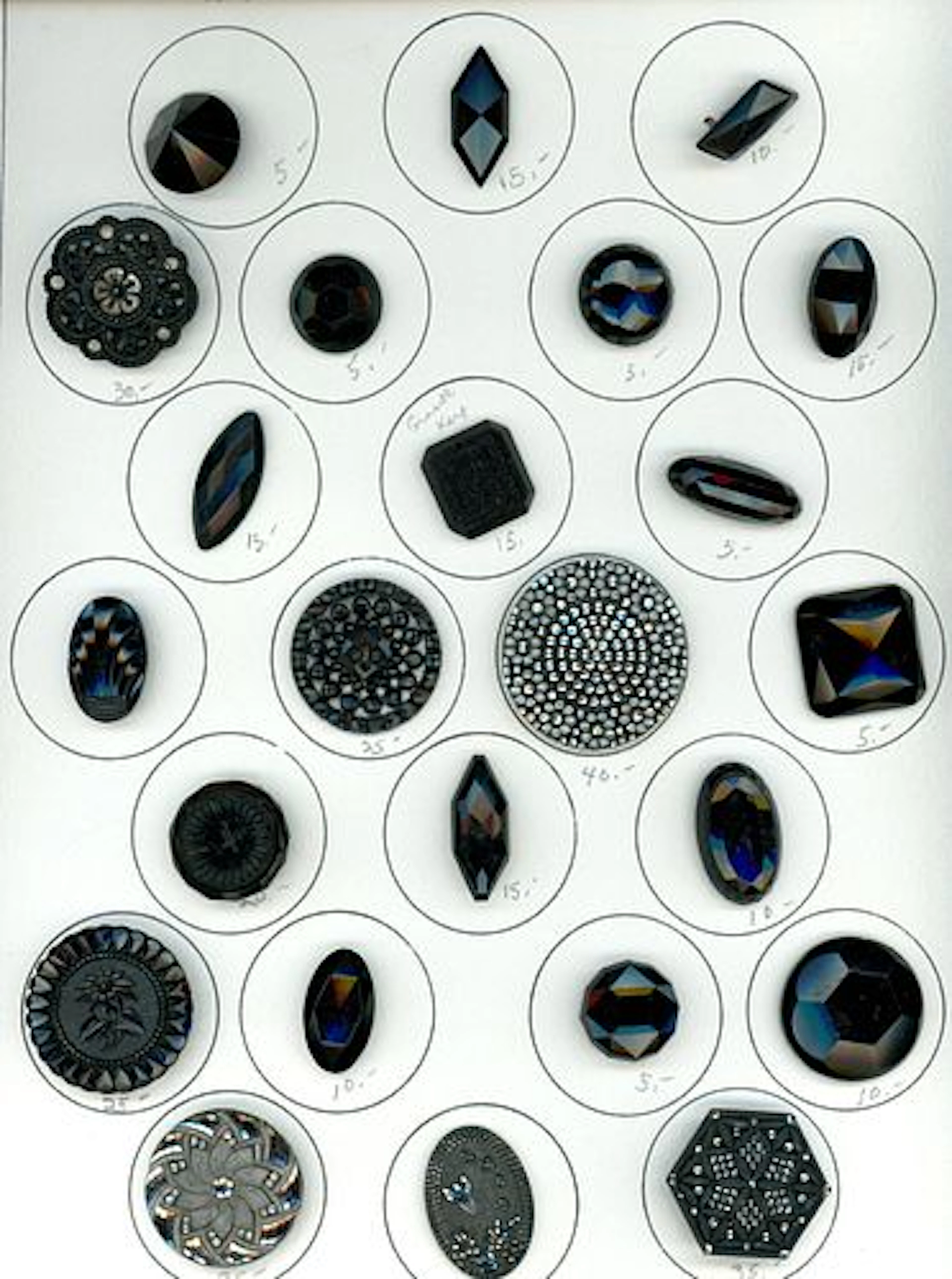 A CARD OF DIVISION ONE BLACK GLASS BUTTONS