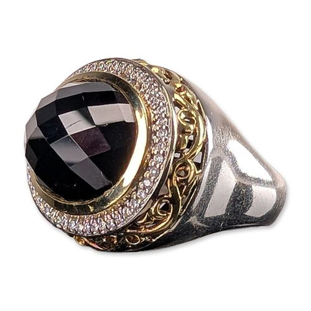 14K/16K Gold, Sterling Silver, Onyx and Diamond Two-Tone Ring