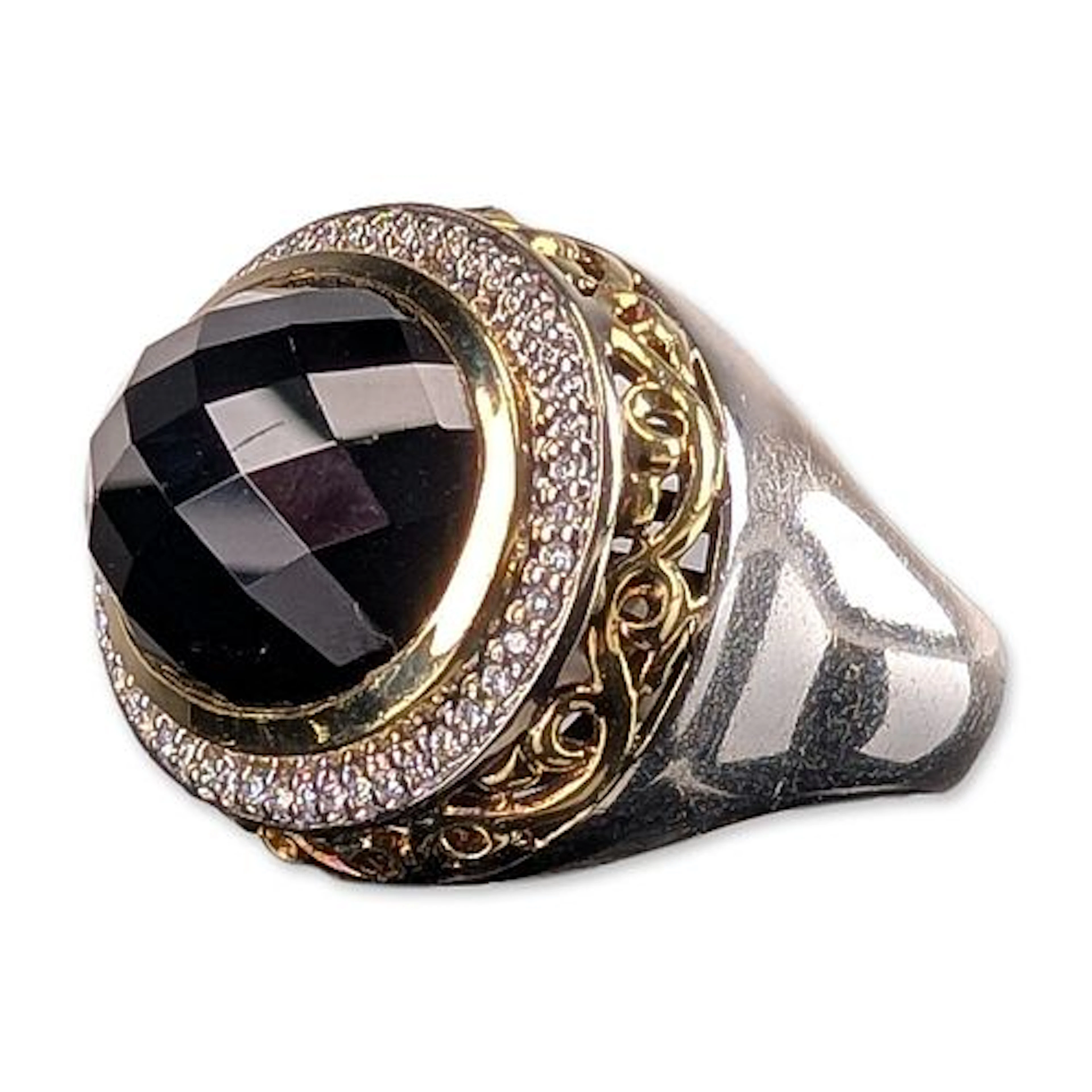 14K/16K Gold, Sterling Silver, Onyx and Diamond Two-Tone Ring