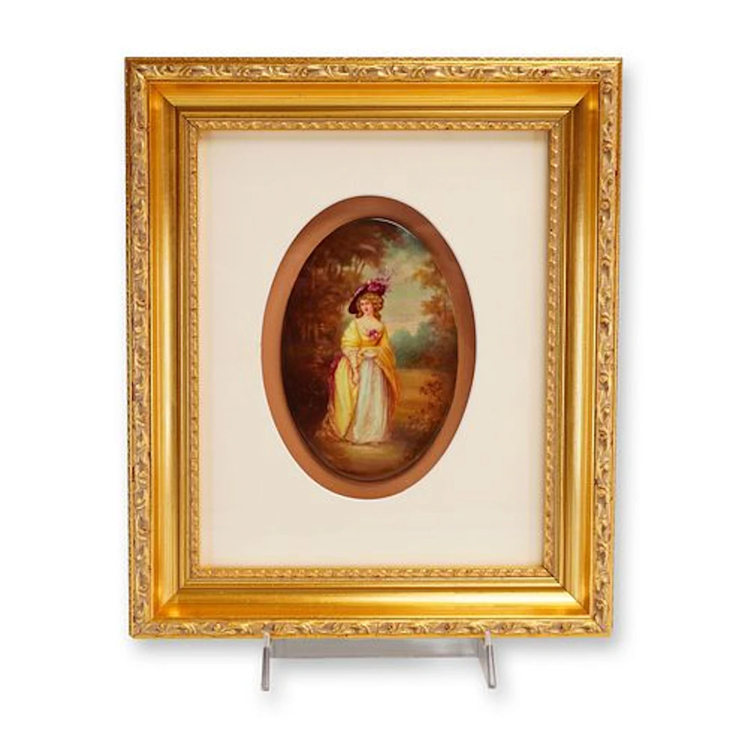 Framed Leslie Johnson Hand-Painted Plaque, Portrait of a Young Lady