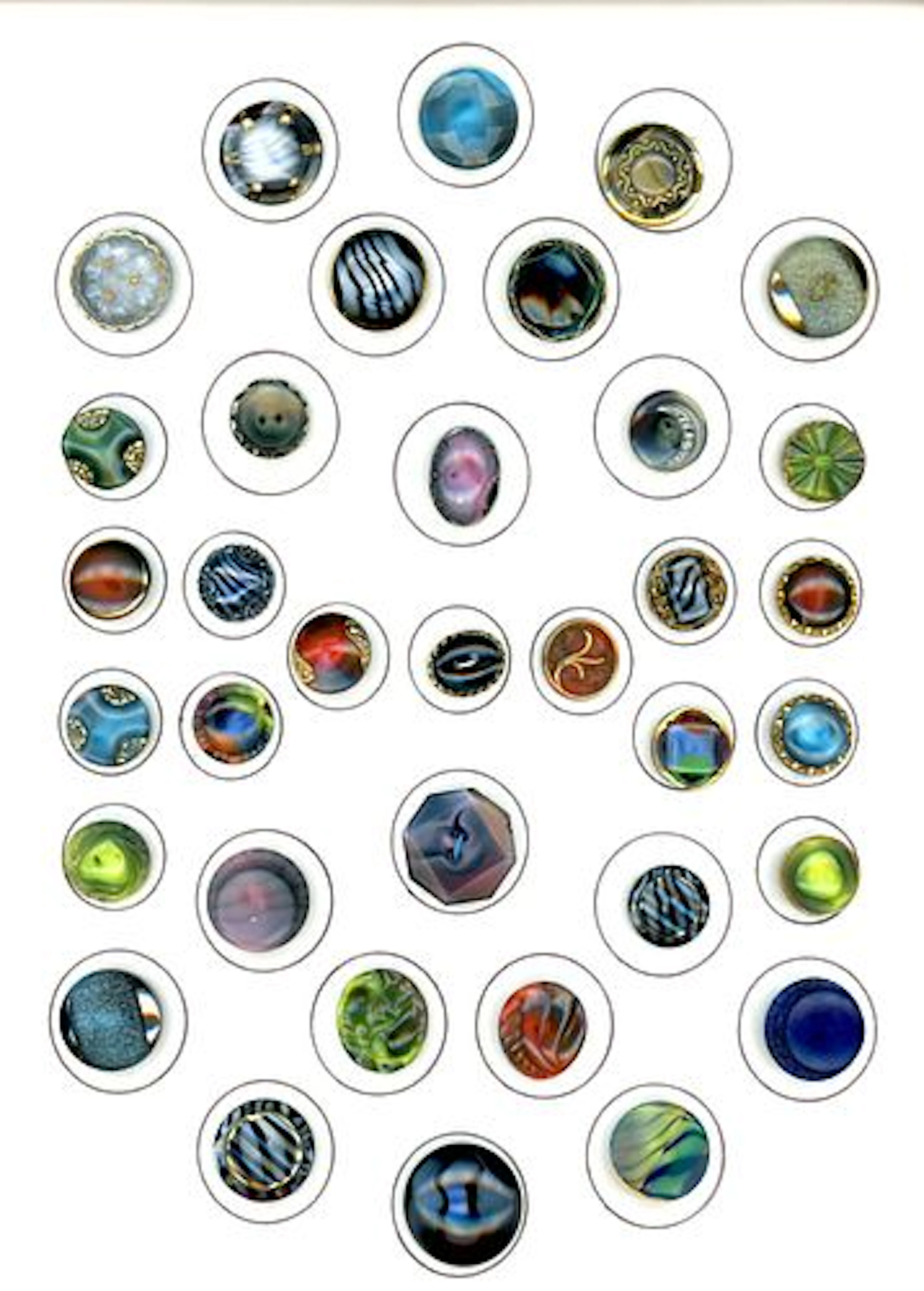 A CARD OF DIVISION THREE COLORFUL BLACK GLASS BUTTONS