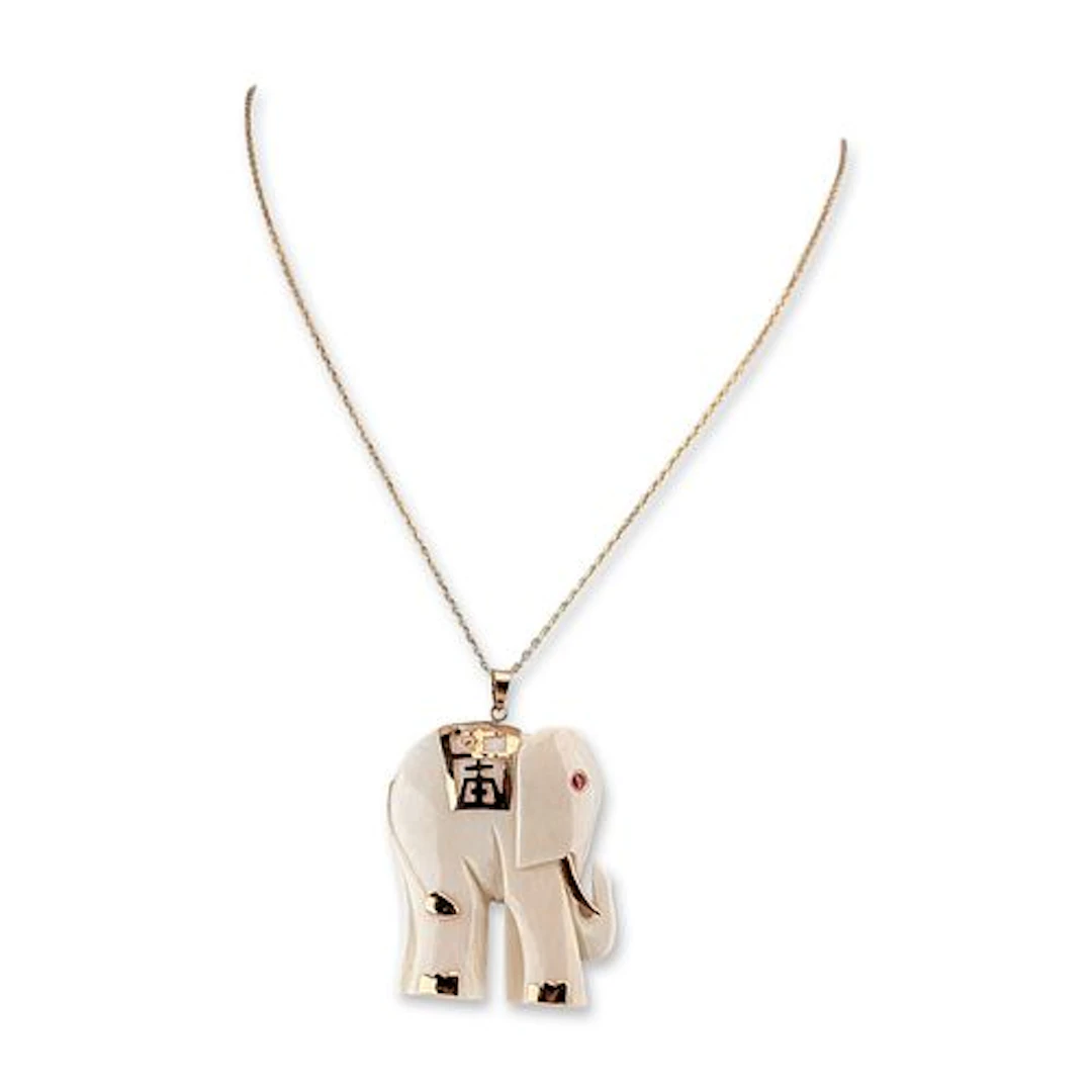 14K Yellow Gold Carved Elephant Pendant on a Sterling Silver Chain Necklace