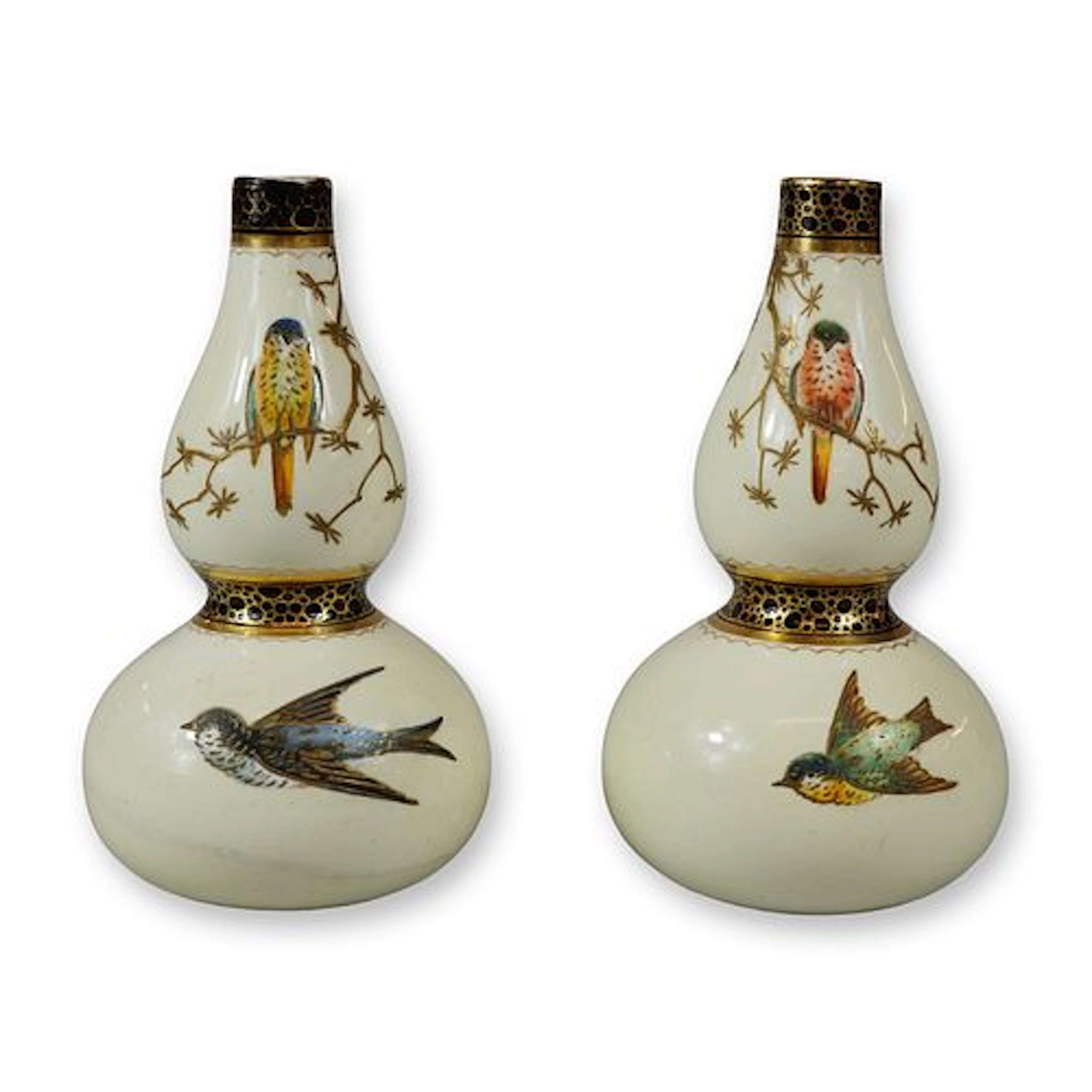 Pair of Wedgwood Bone China Gilt Paste and Enameled Bird Small Vases